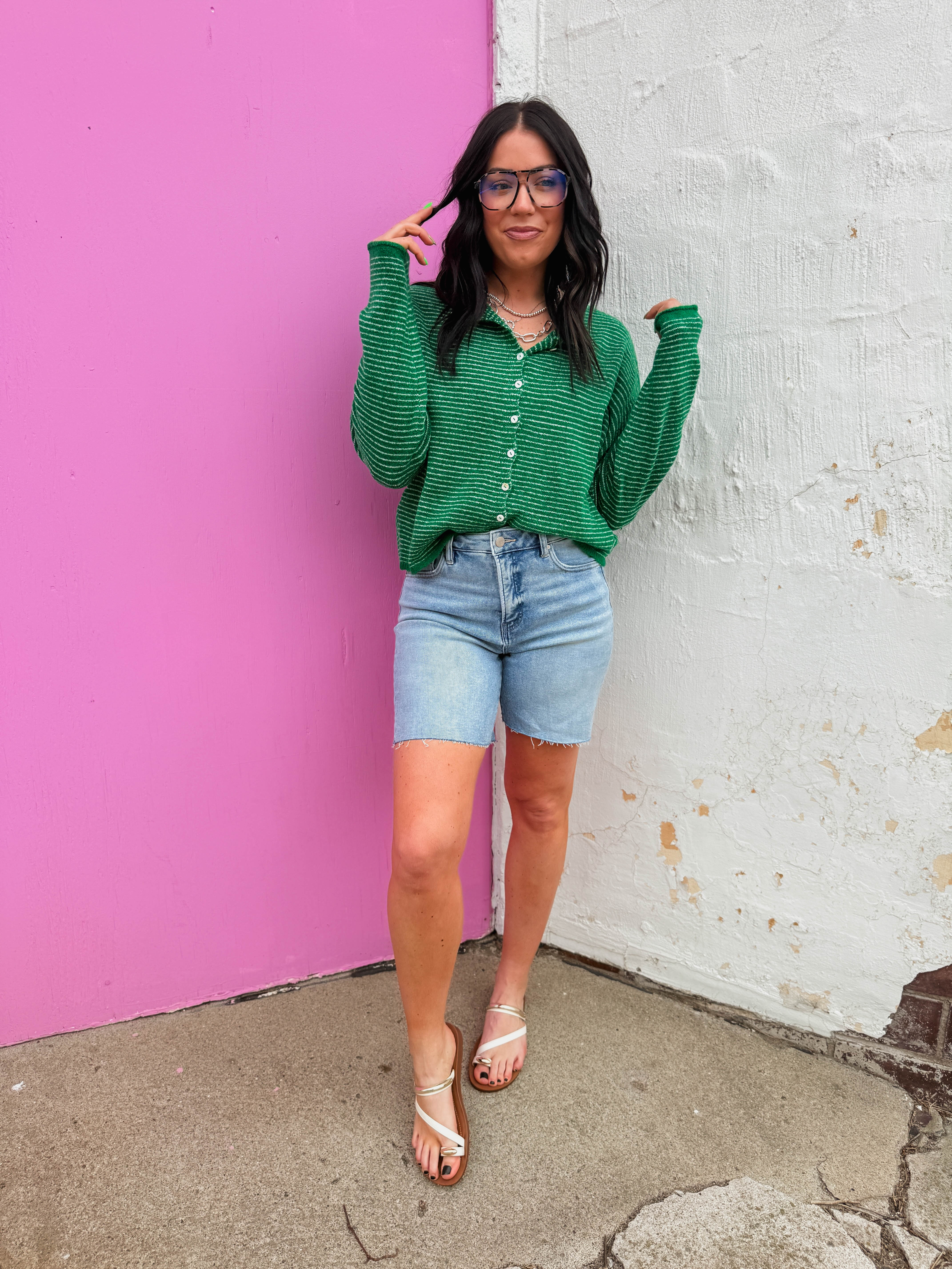 Just Right Striped Cardigan-Kelly Green - Image 2