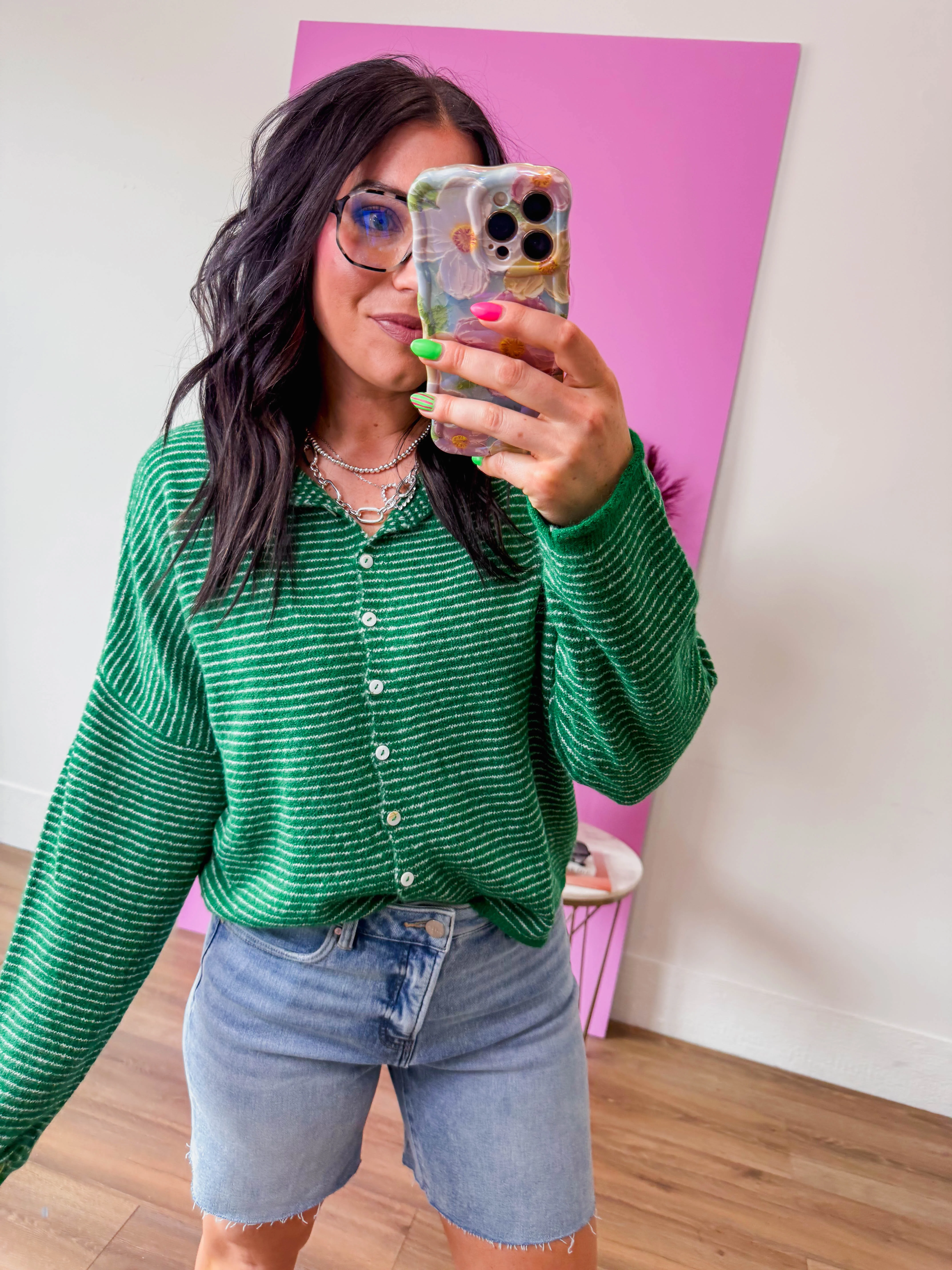 Just Right Striped Cardigan-Kelly Green - Image 3