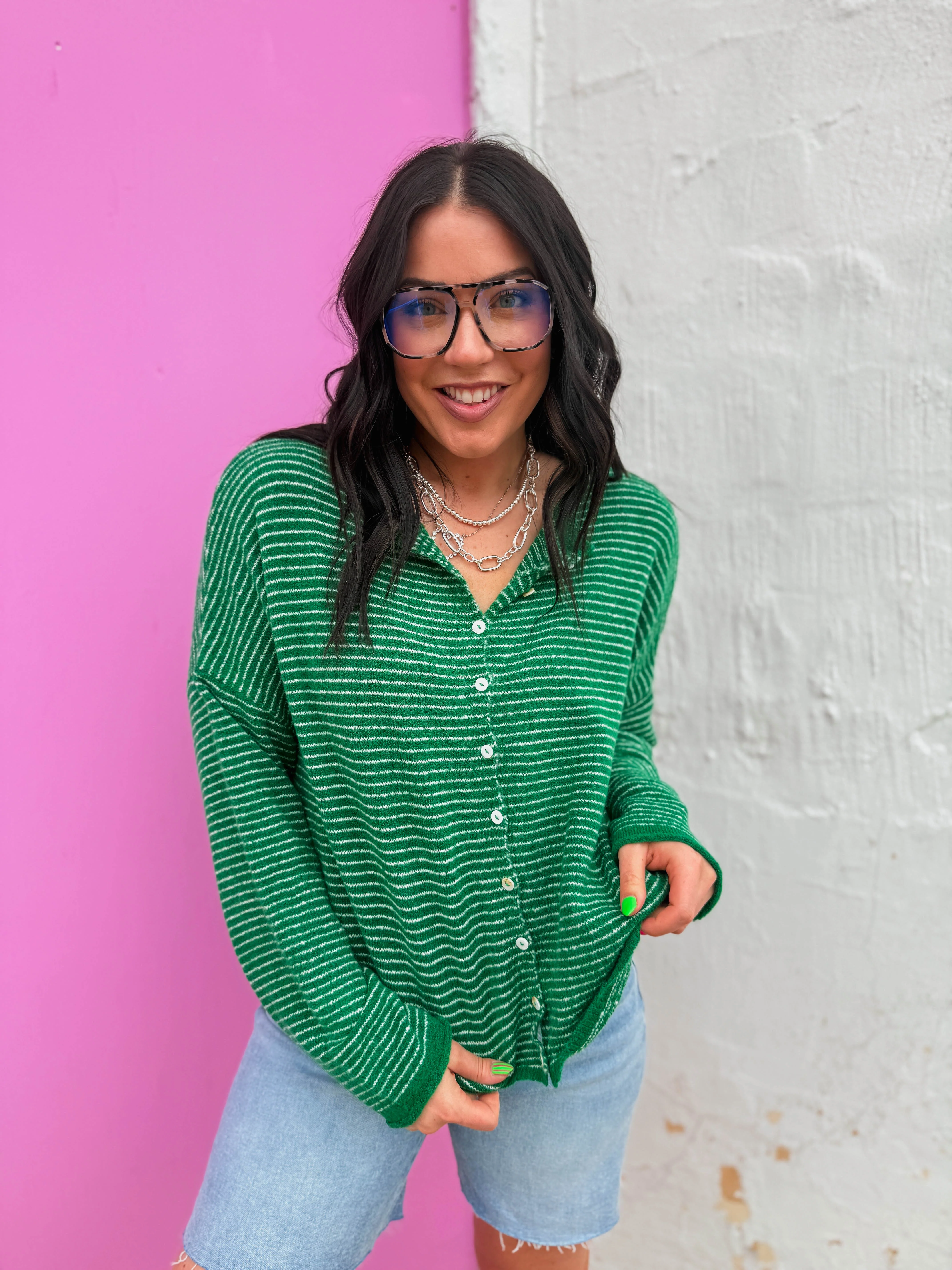 Just Right Striped Cardigan-Kelly Green - Image 7