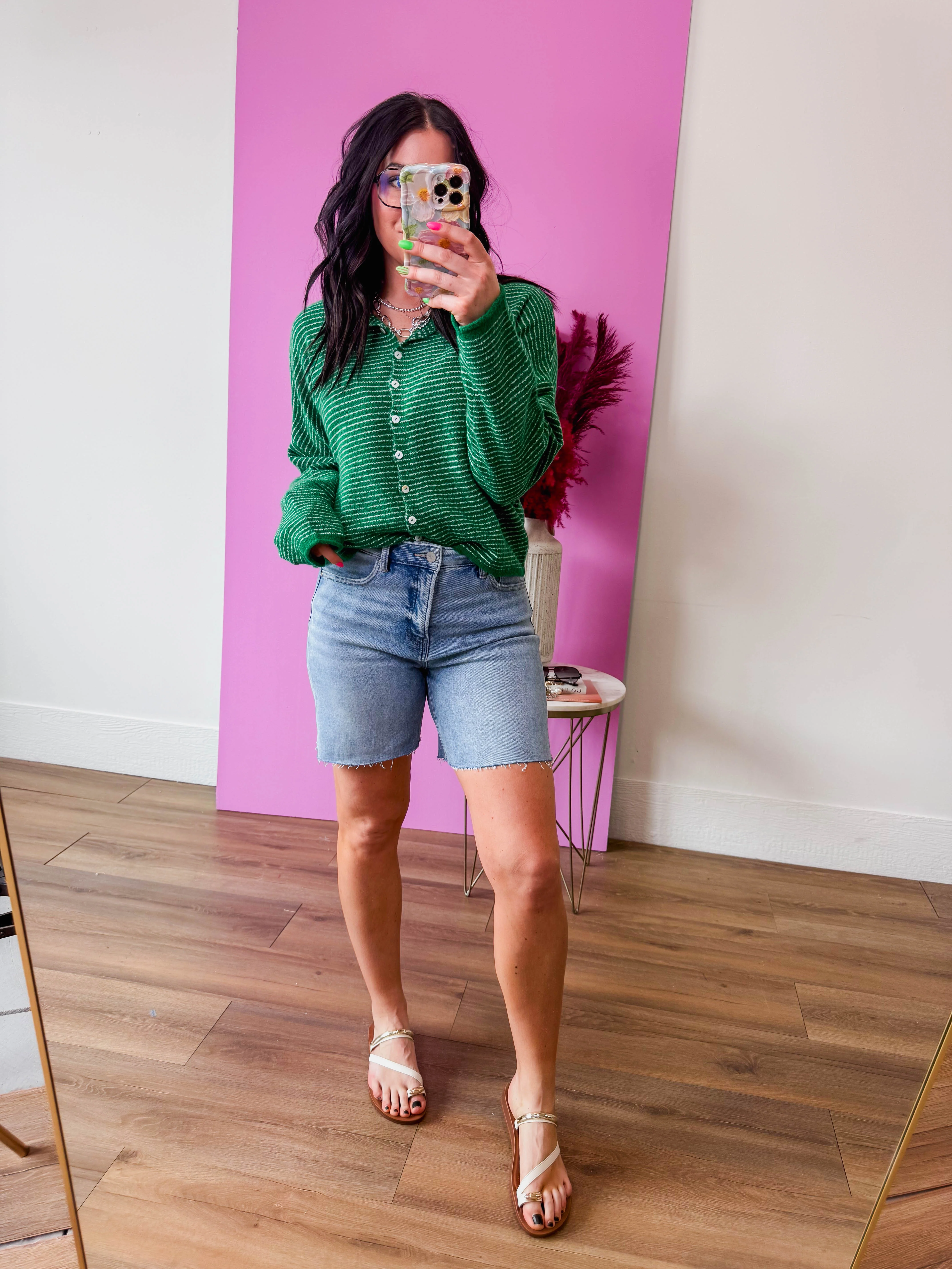 Just Right Striped Cardigan-Kelly Green - Image 9