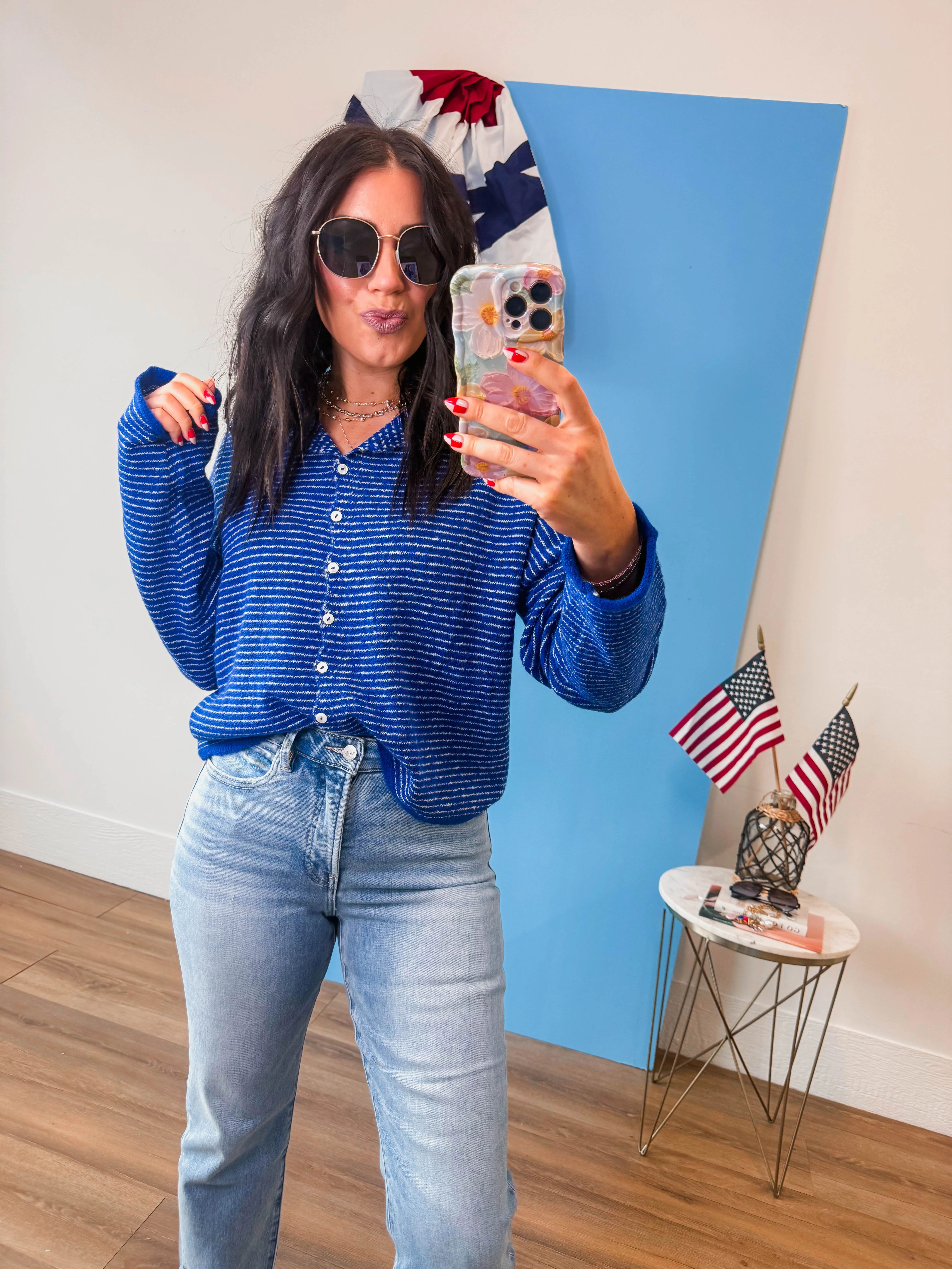 Just Right Striped Cardigan-Royal Blue