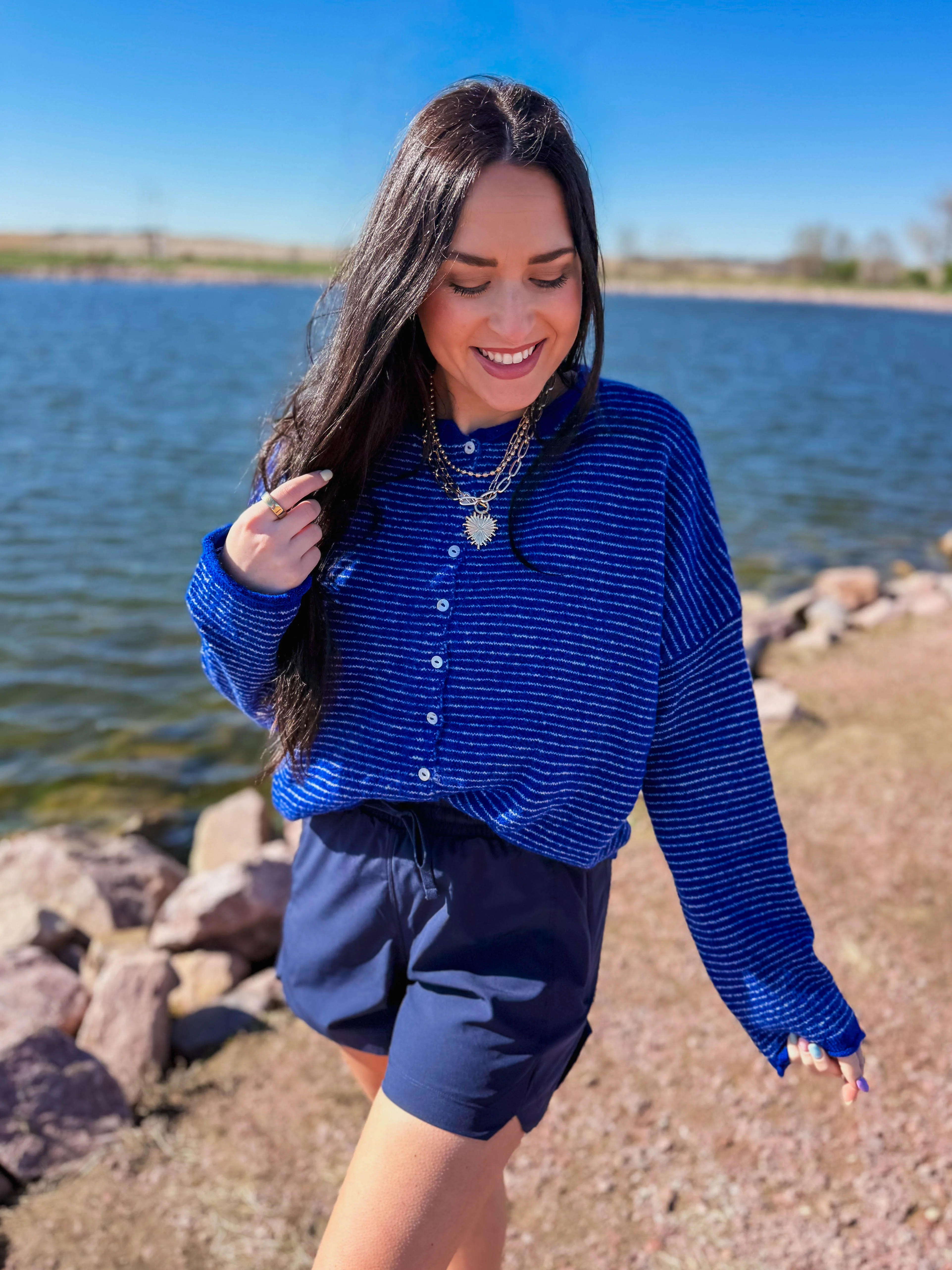Just Right Striped Cardigan-Royal Blue - Image 2