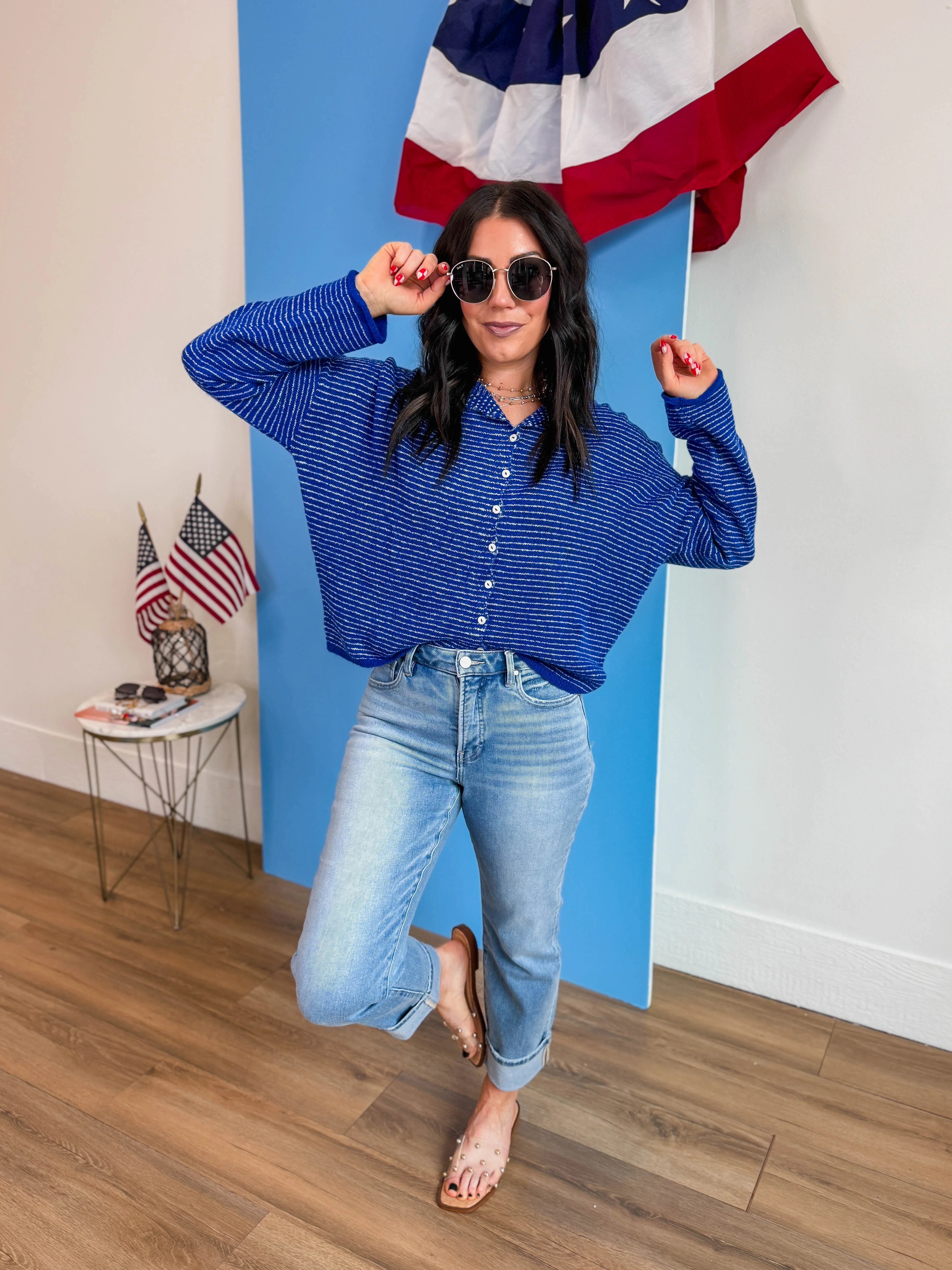 Just Right Striped Cardigan-Royal Blue - Image 3