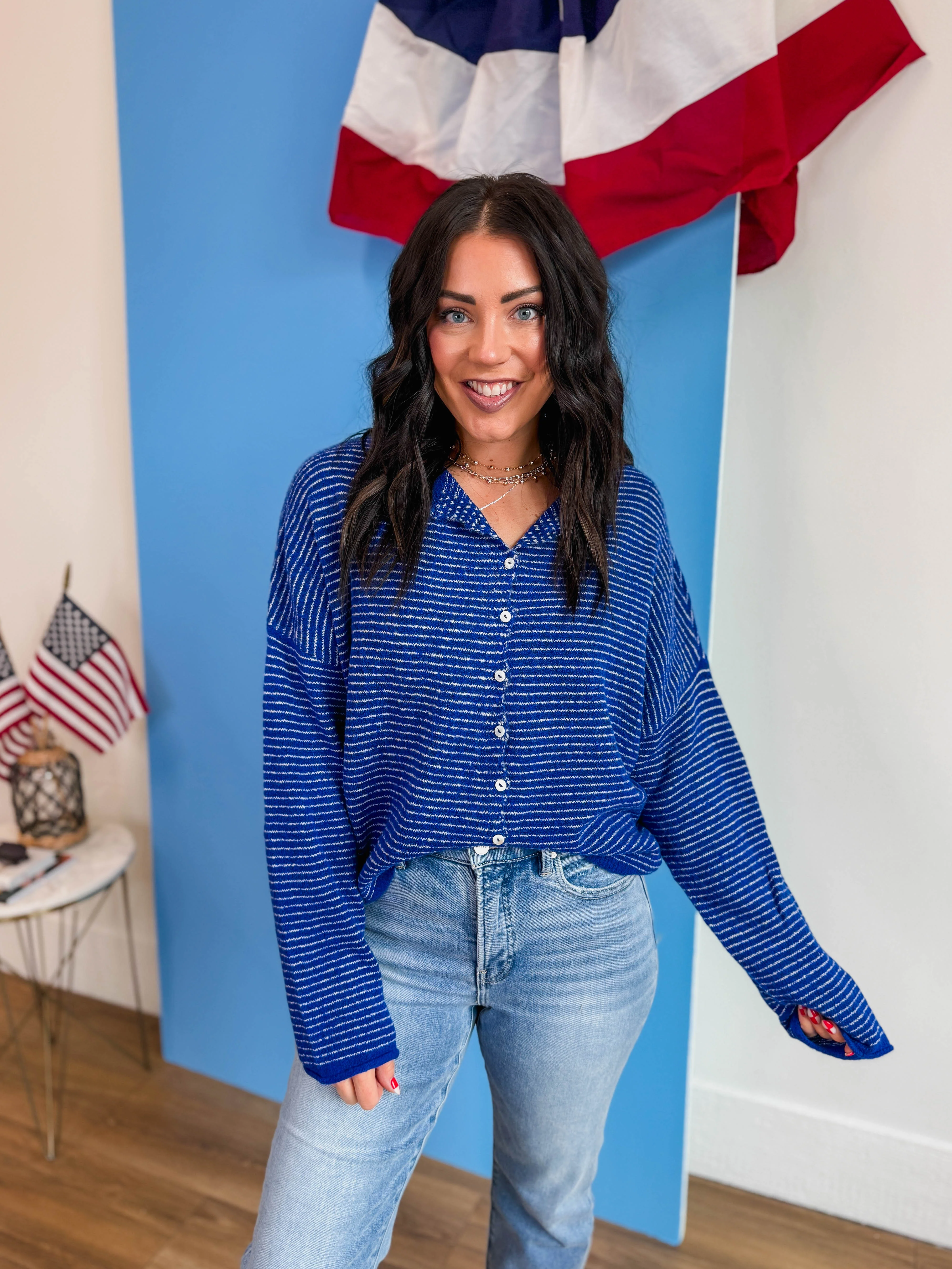 Just Right Striped Cardigan-Royal Blue - Image 5