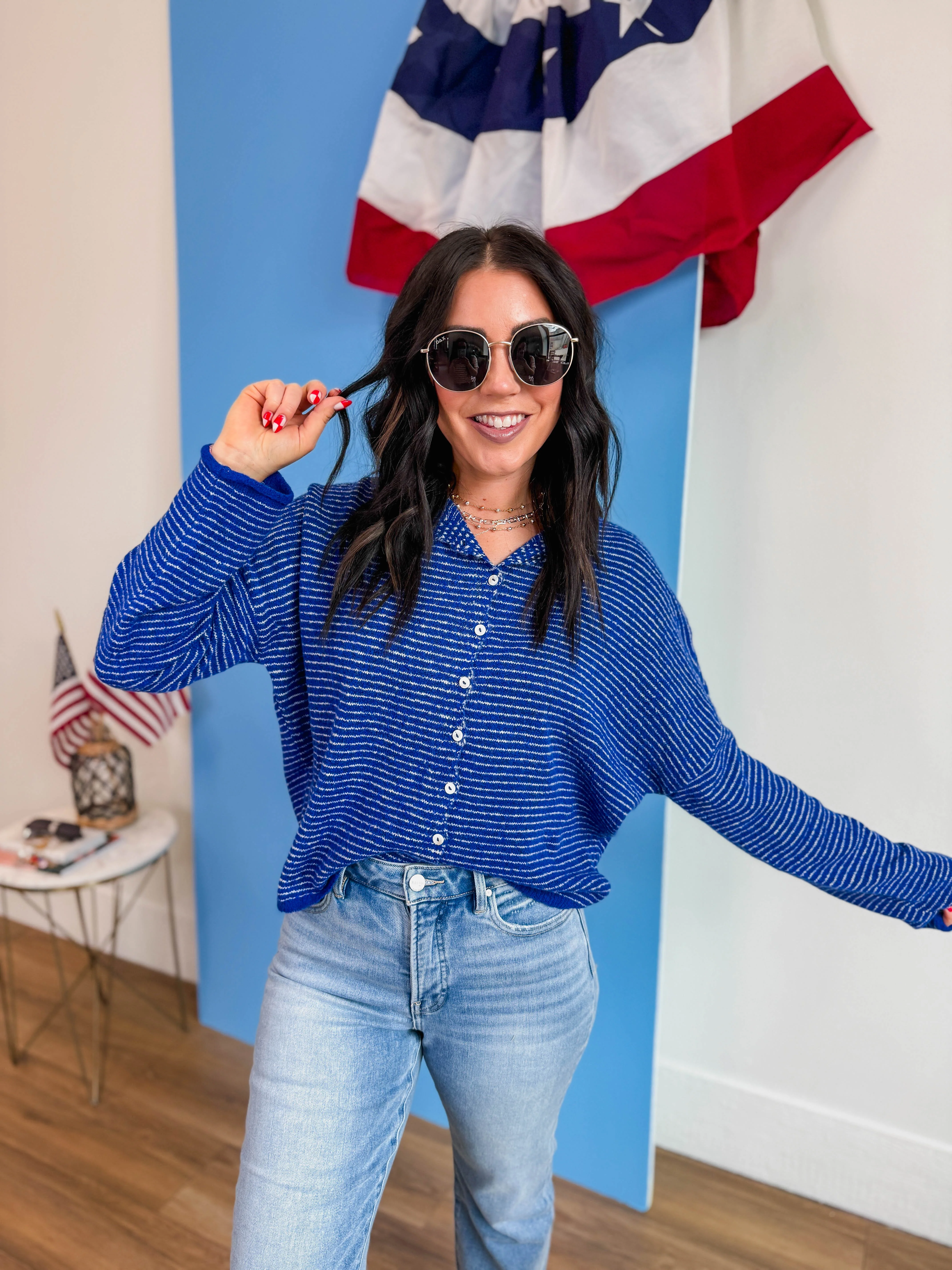 Just Right Striped Cardigan-Royal Blue - Image 8