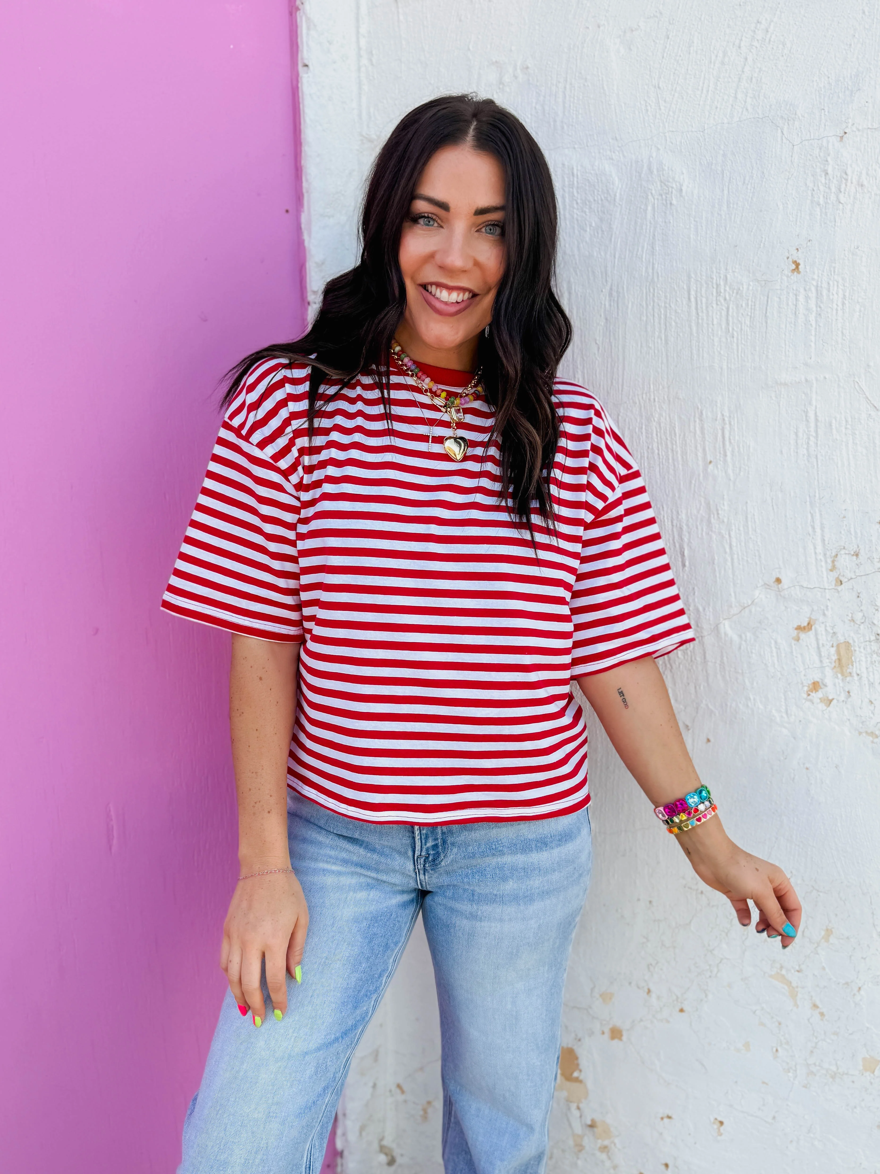 Kasey Striped Tee-Red