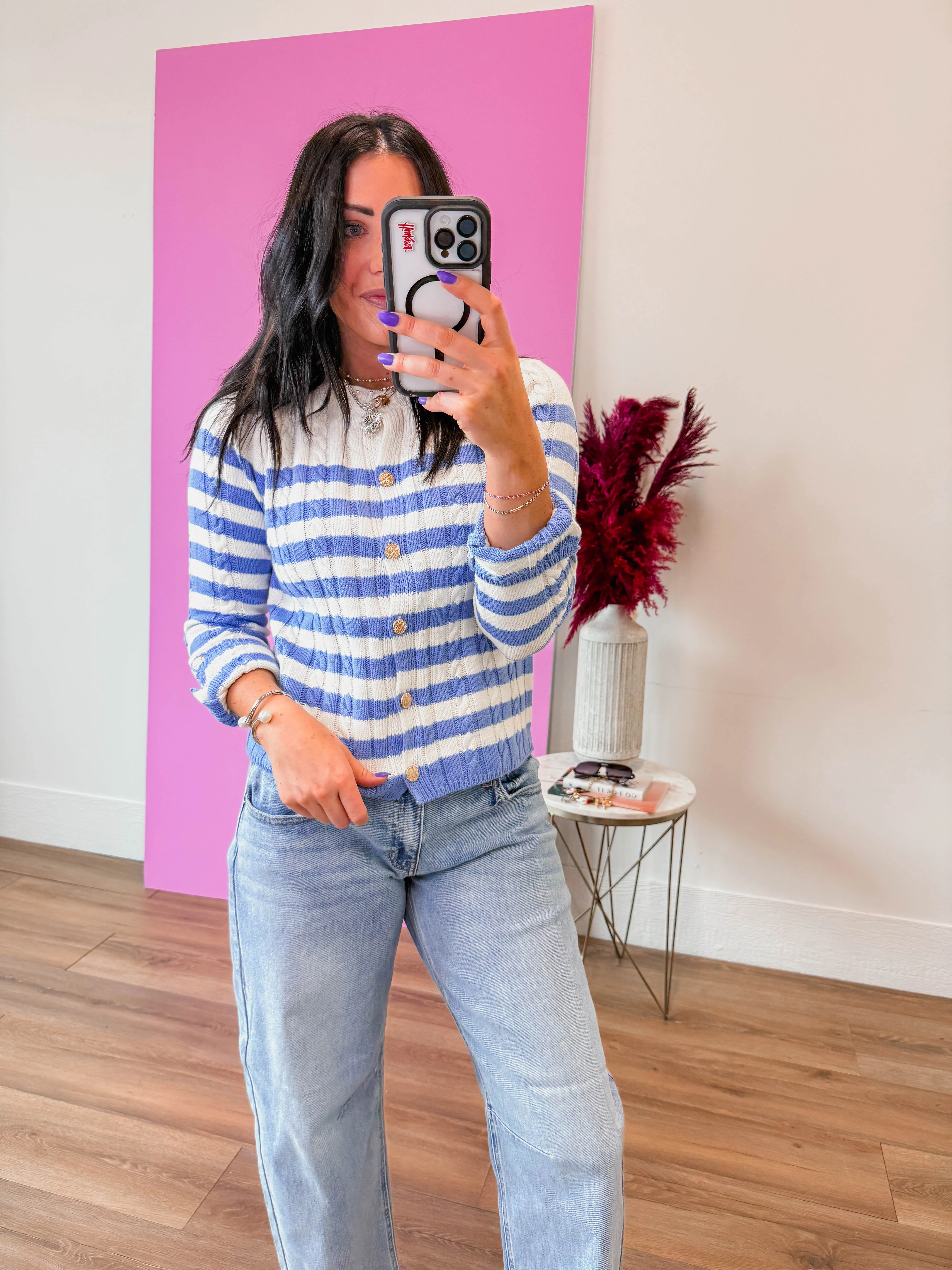 Kayla Striped Cardigan-Blue - Image 5