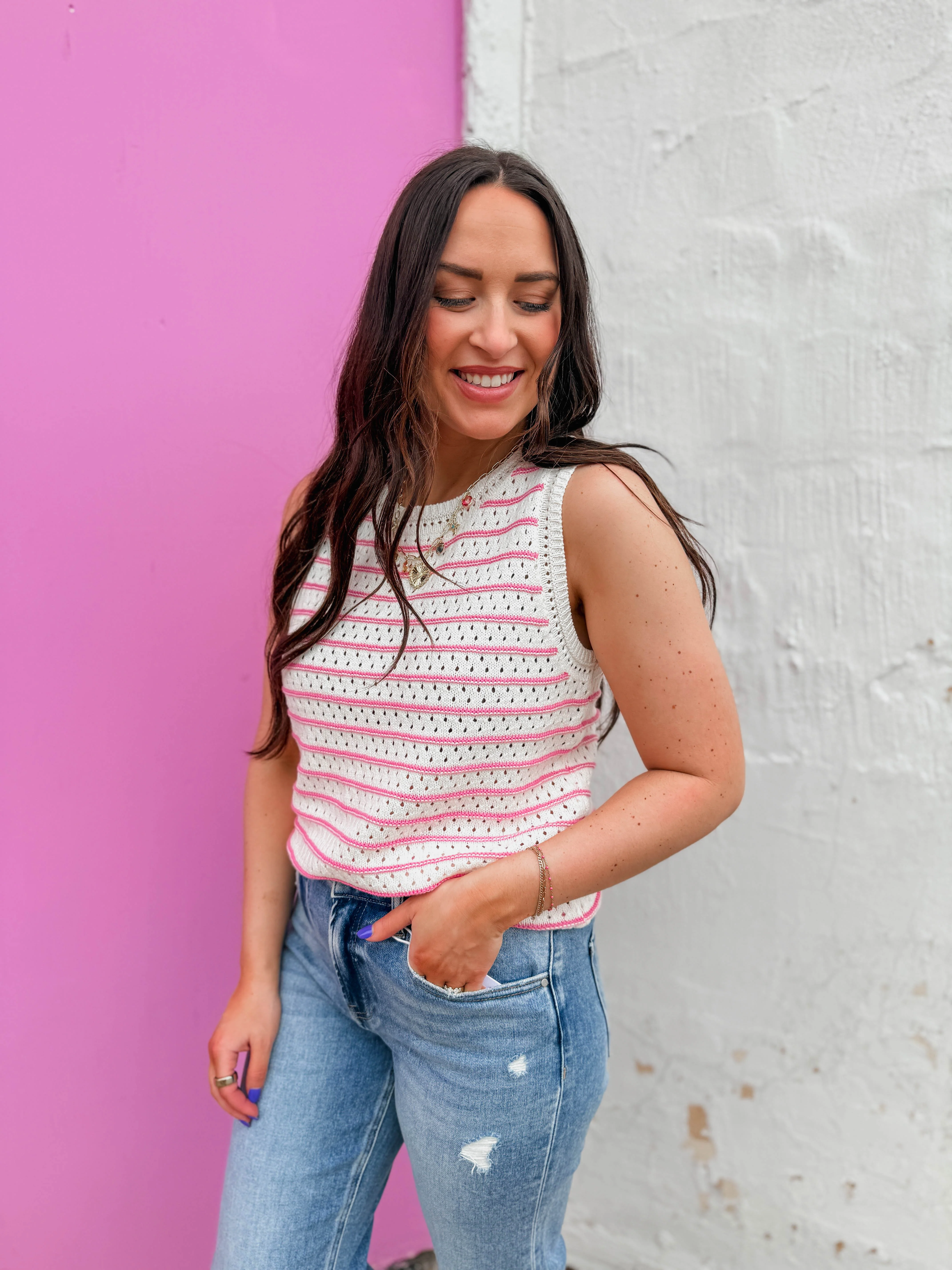 Kensie Striped Knit Tank-Pink