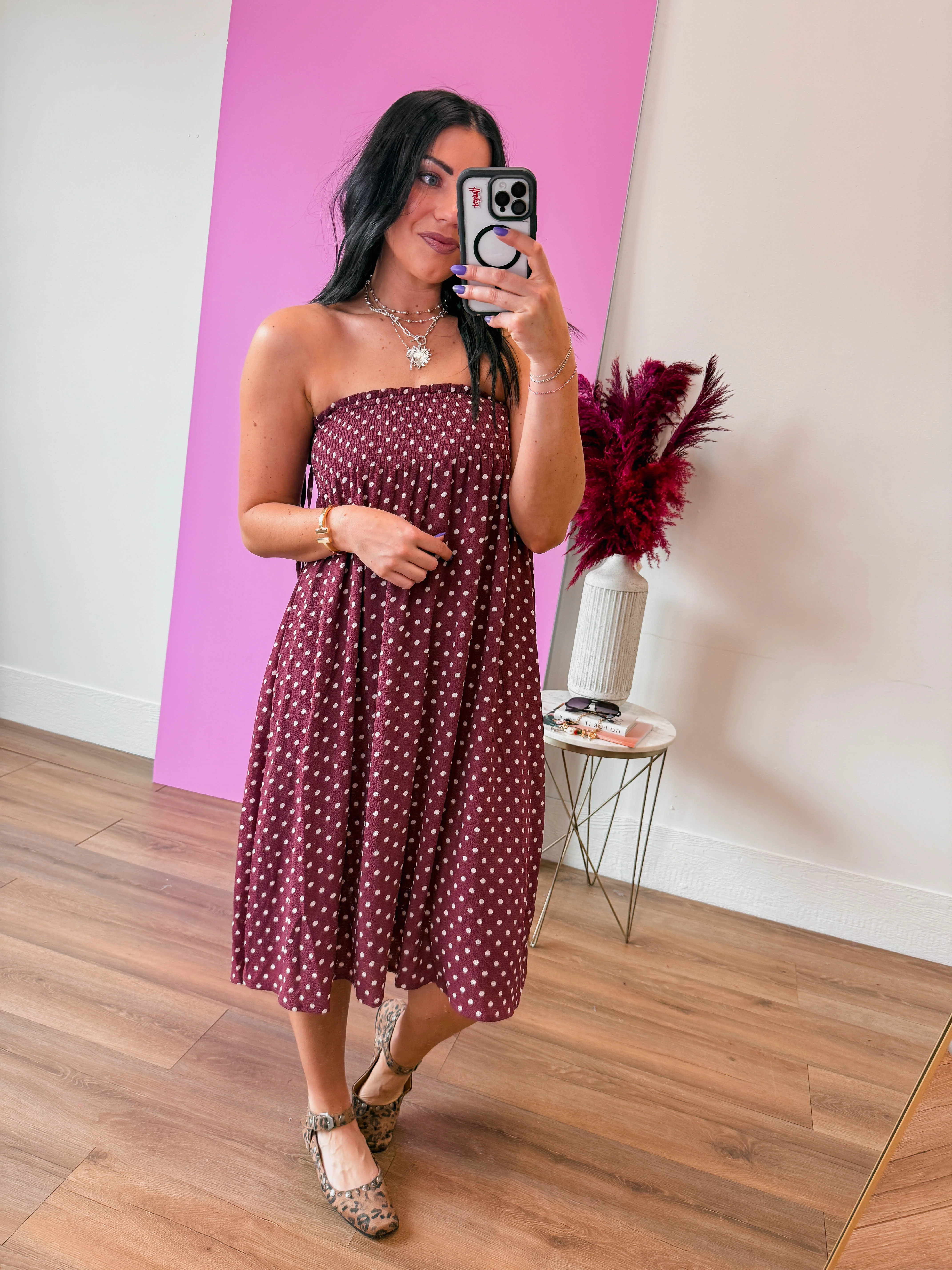 Kyla Polka Dot Midi Skirt-Red Bean - Image 11