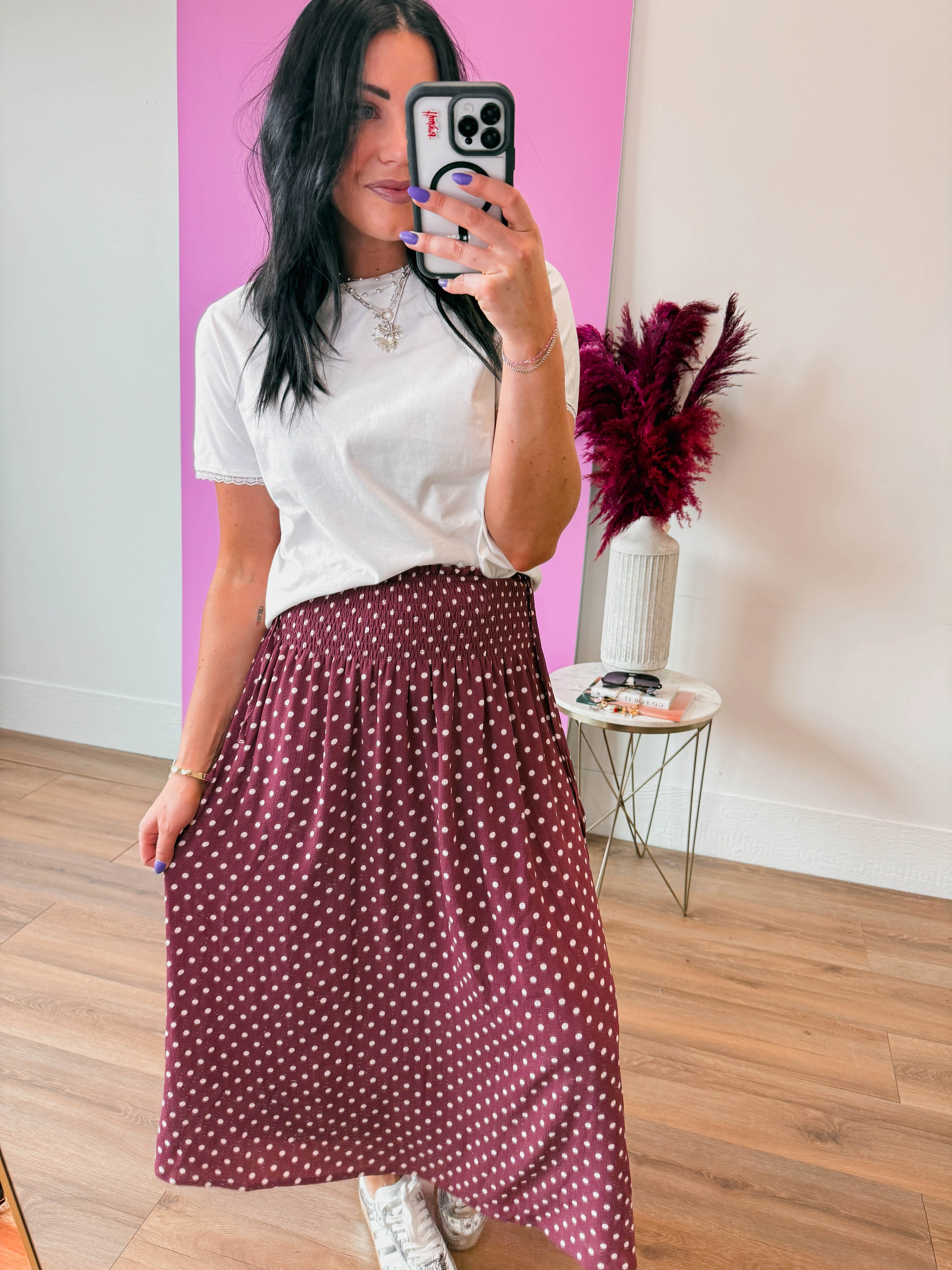Kyla Polka Dot Midi Skirt-Red Bean - Image 12