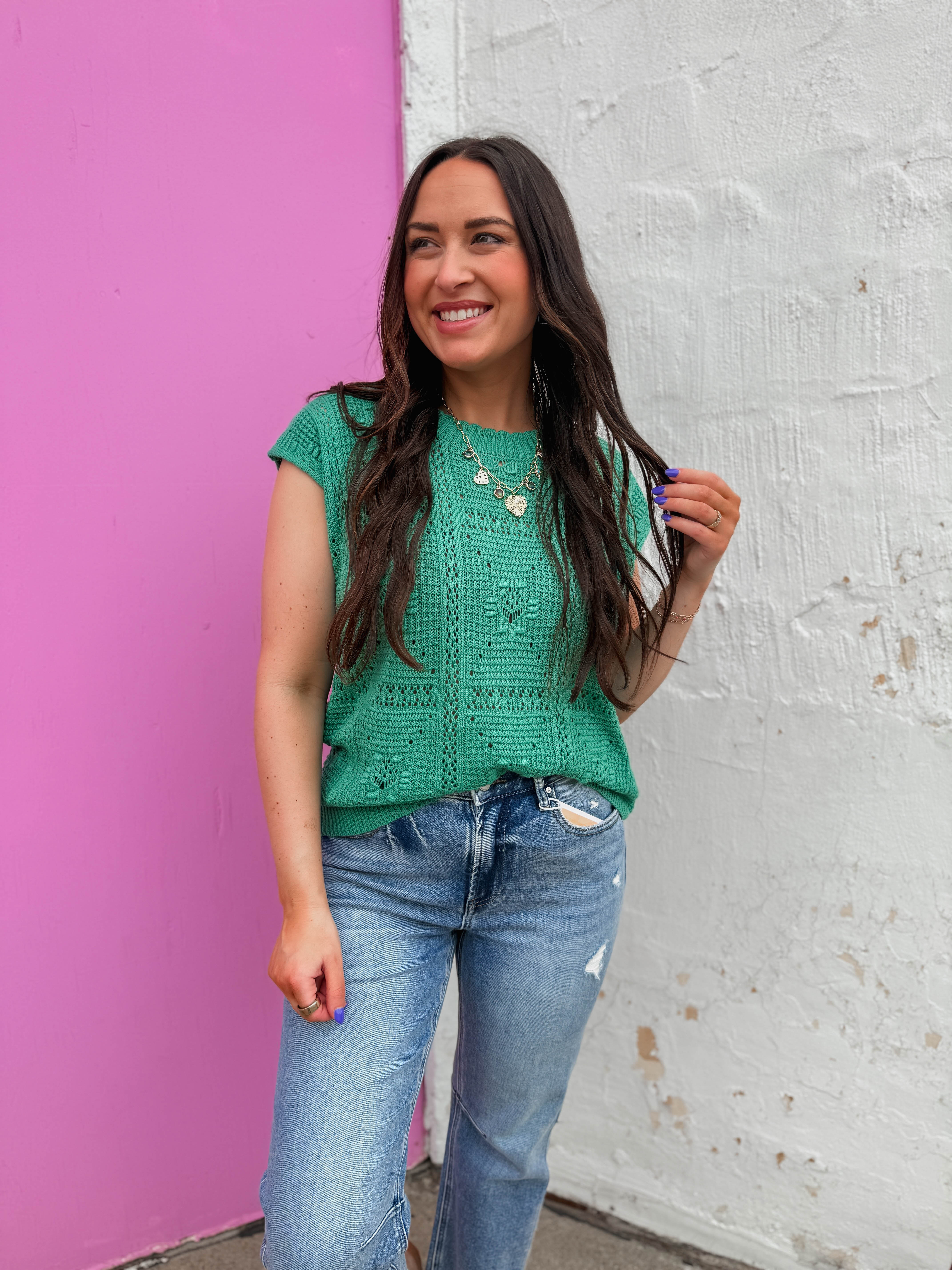Laurie Crochet Knit Top-Green - Image 3