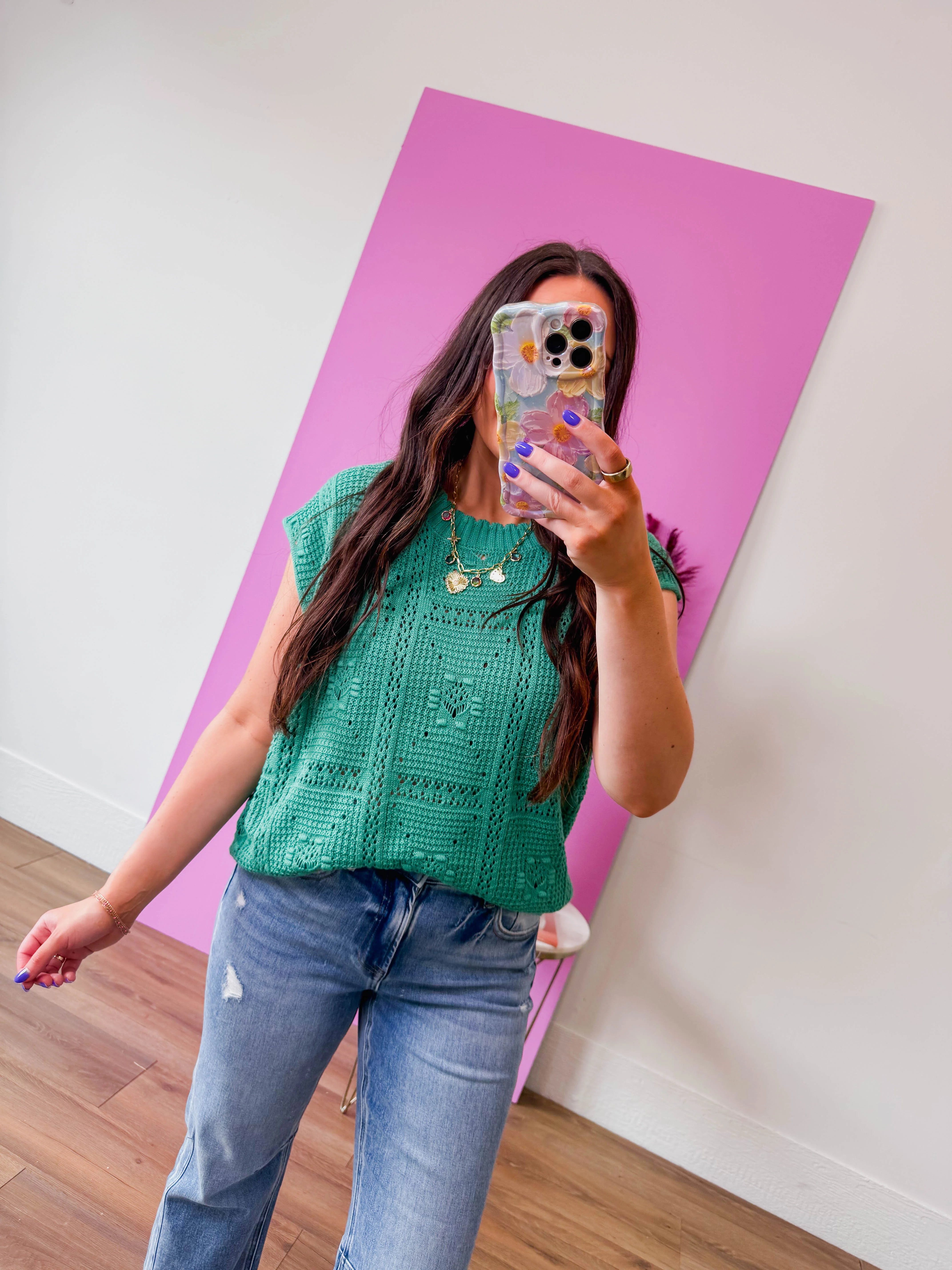 Laurie Crochet Knit Top-Green - Image 4