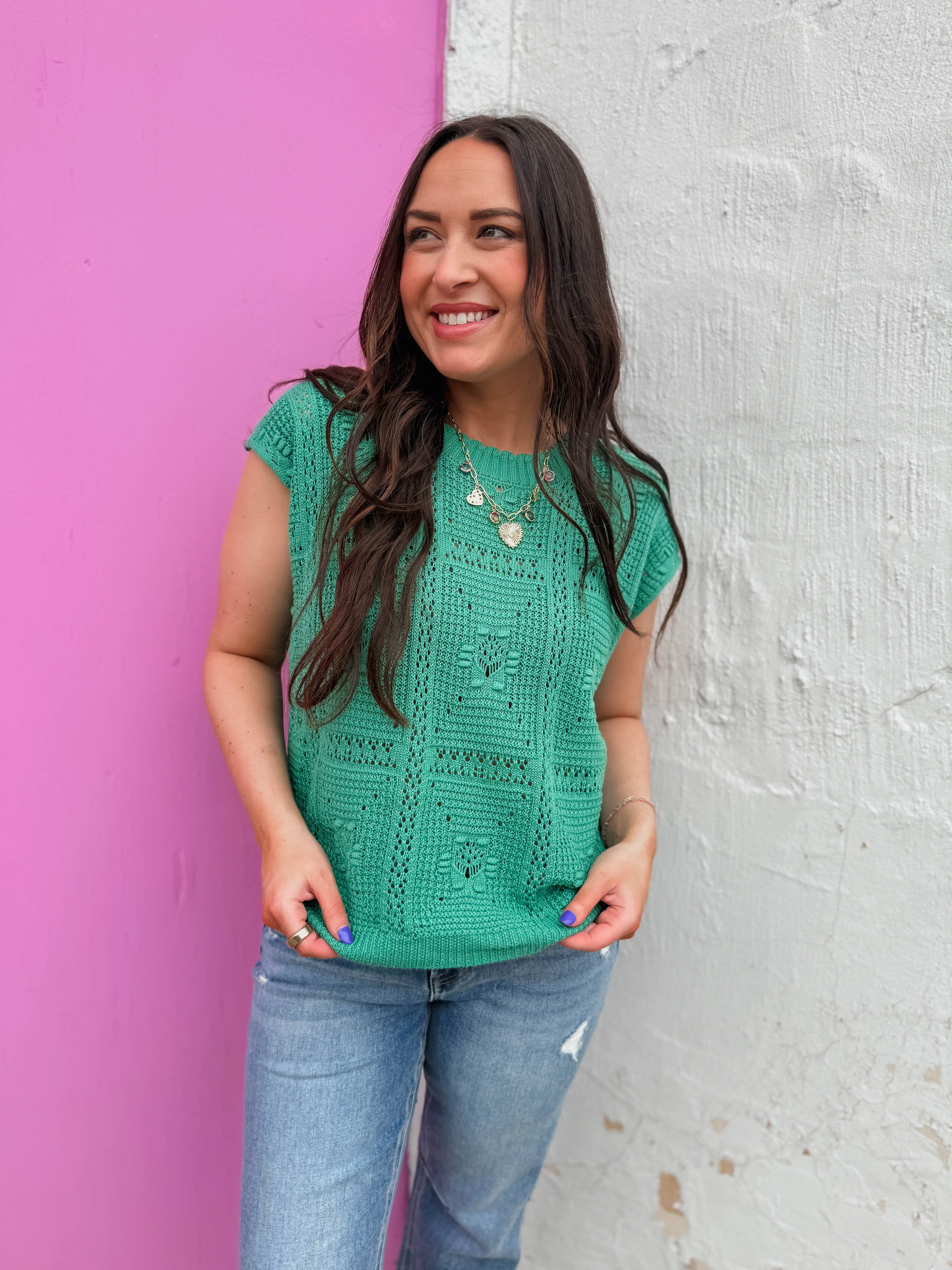 Laurie Crochet Knit Top-Green - Image 5
