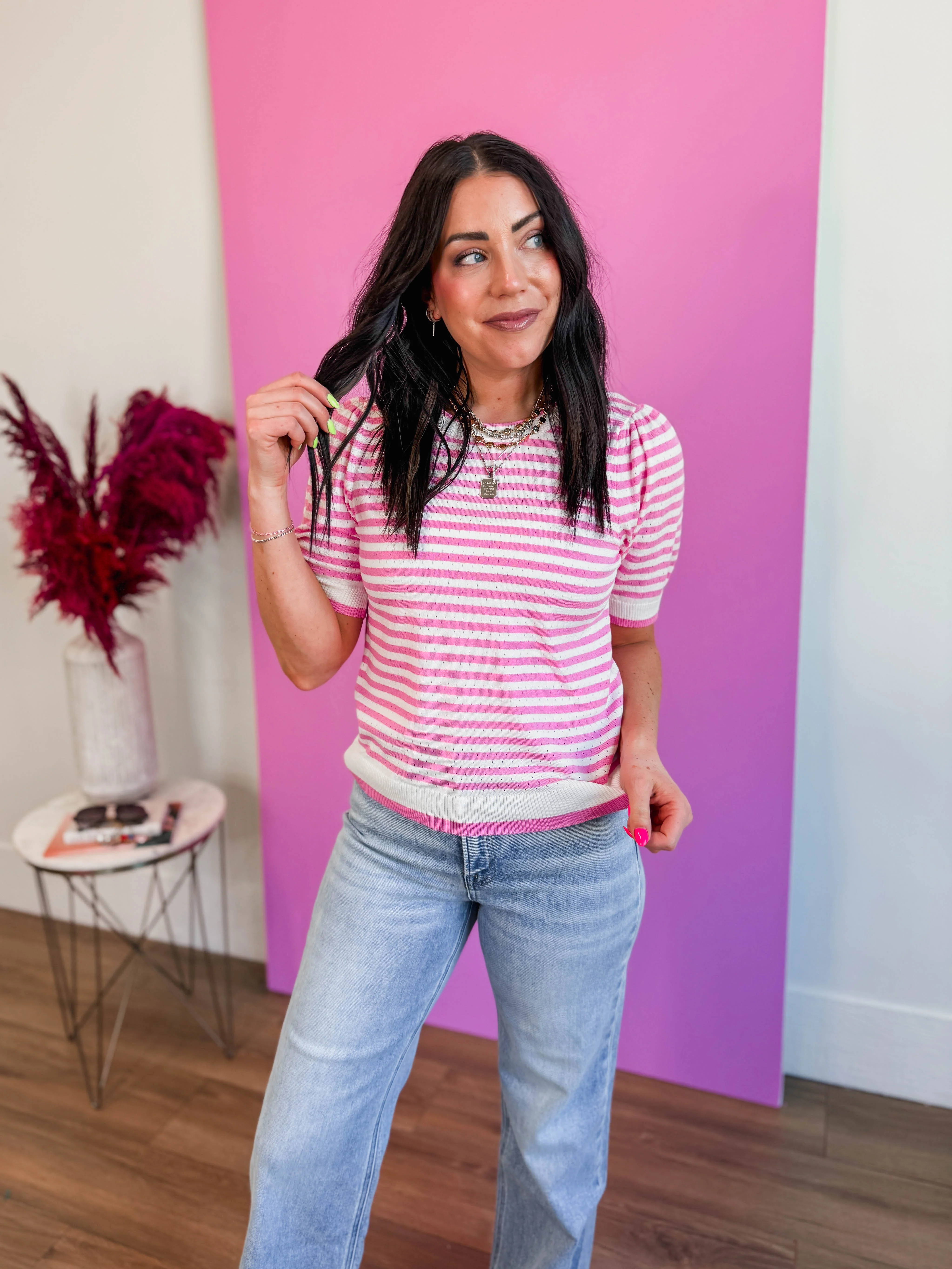 Leigh Striped Knit Top-Pink - Image 4