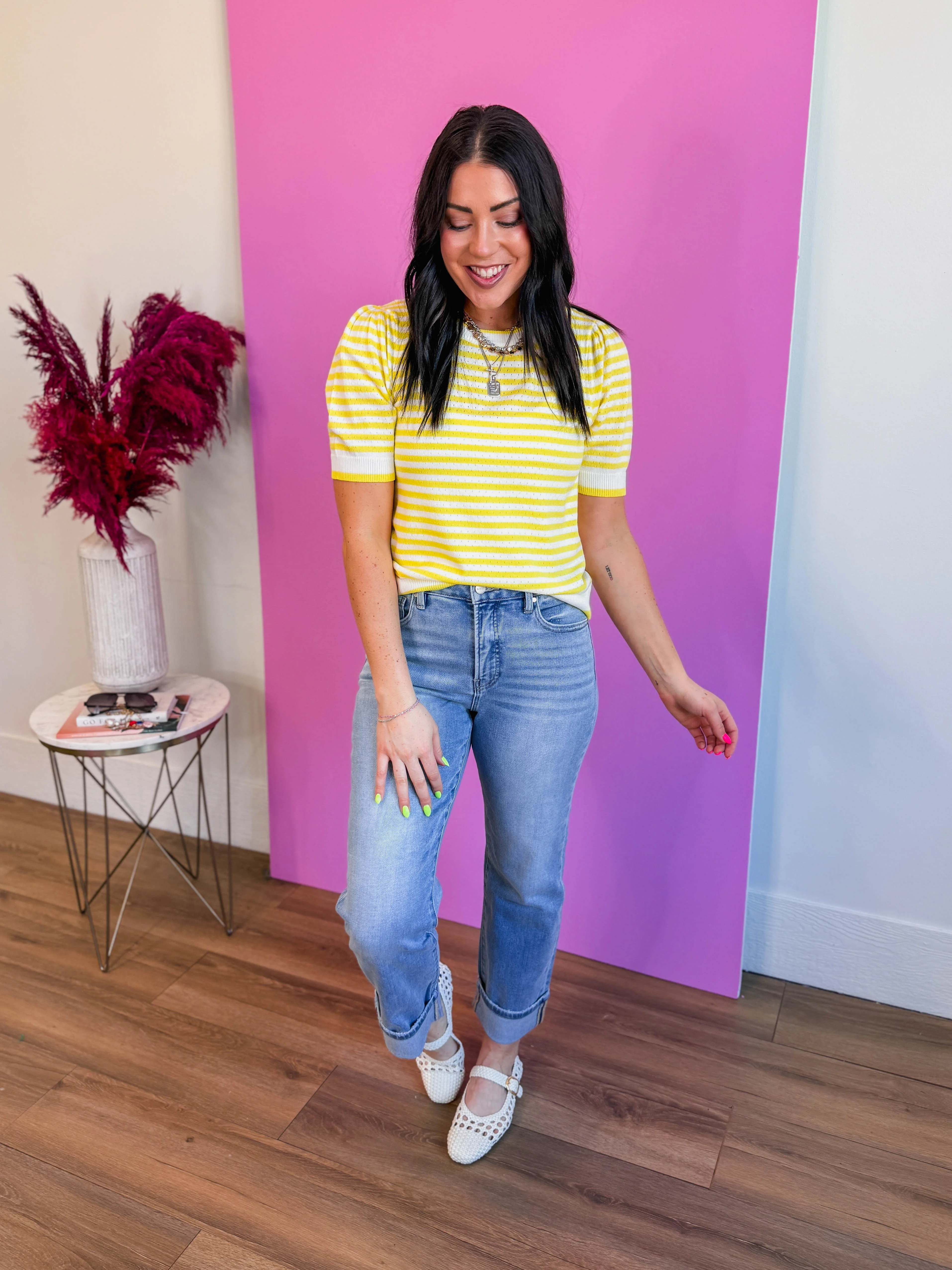 Leigh Striped Knit Top-Lemon - Image 2