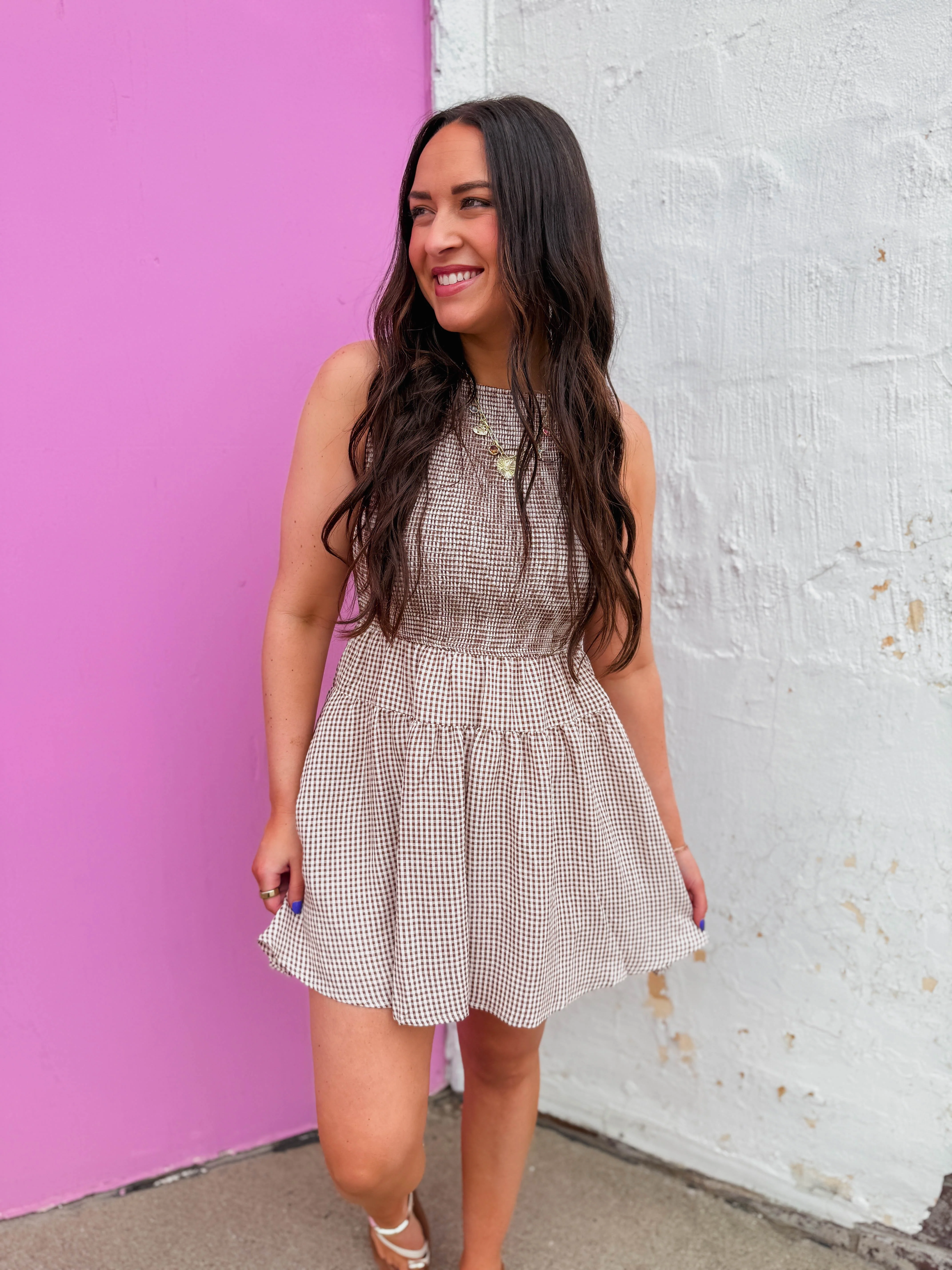 Madi Gingham Mini Dress-Brown - Image 3