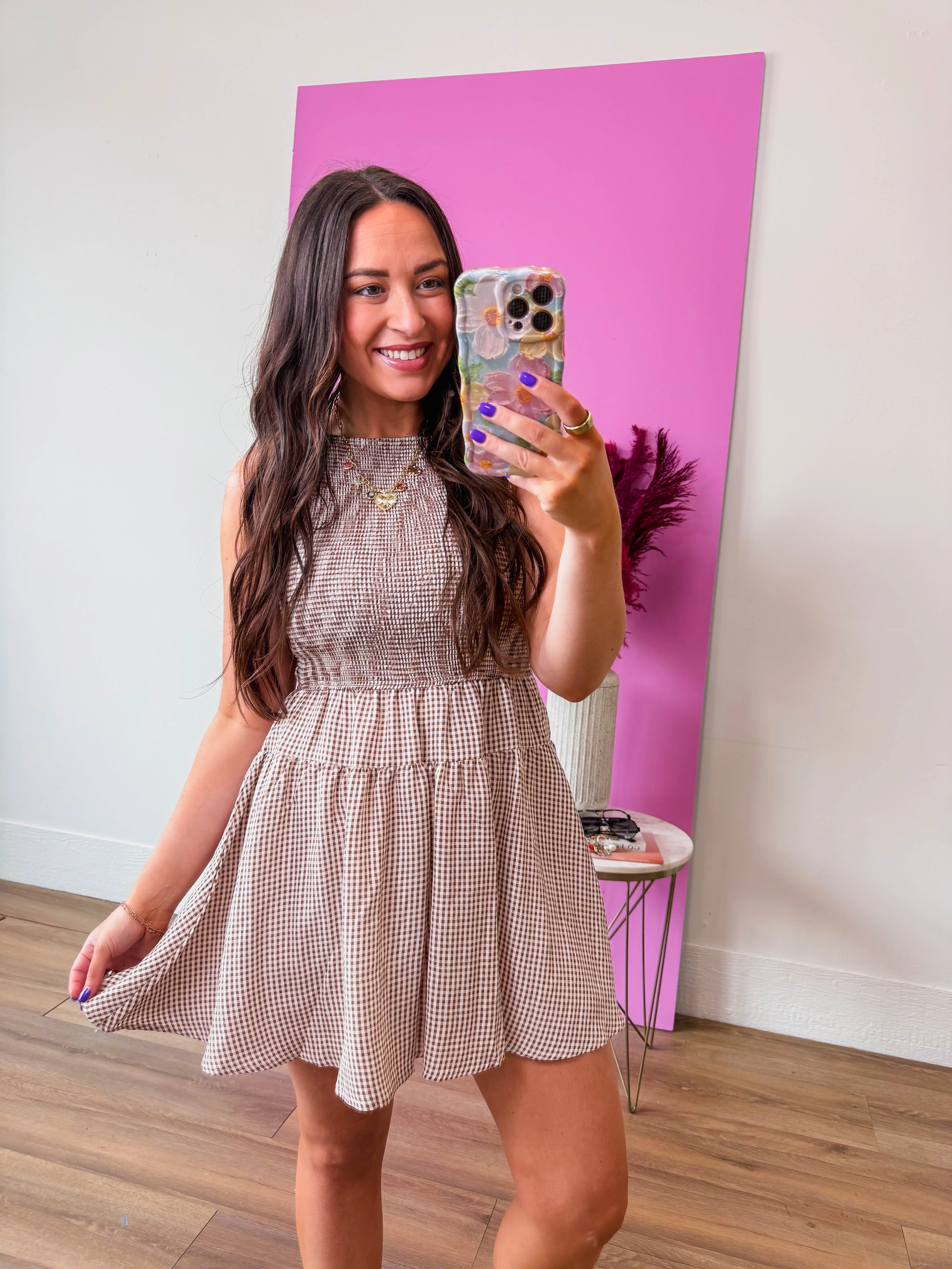Madi Gingham Mini Dress-Brown - Image 7
