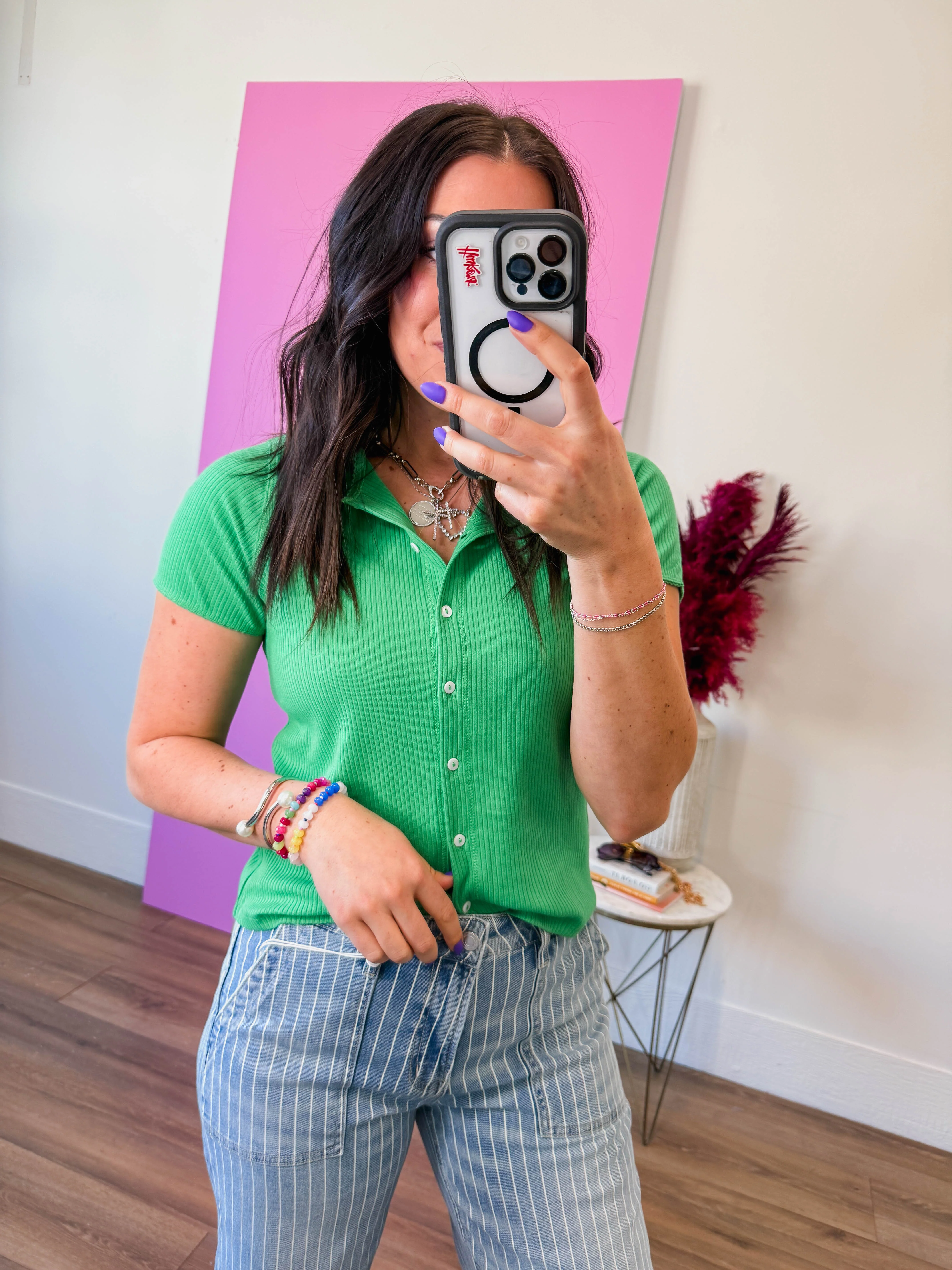 Maya Ribbed Button Down Tee-Green - Image 3