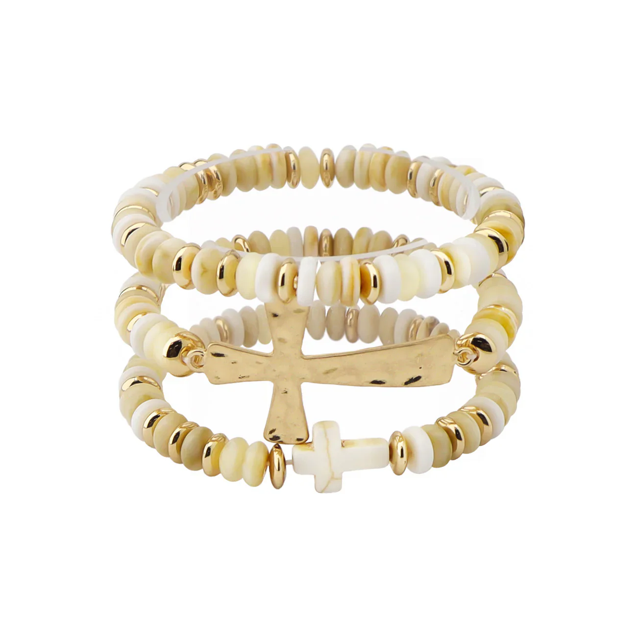 Natural Bead & Gold Cross Bracelet Set