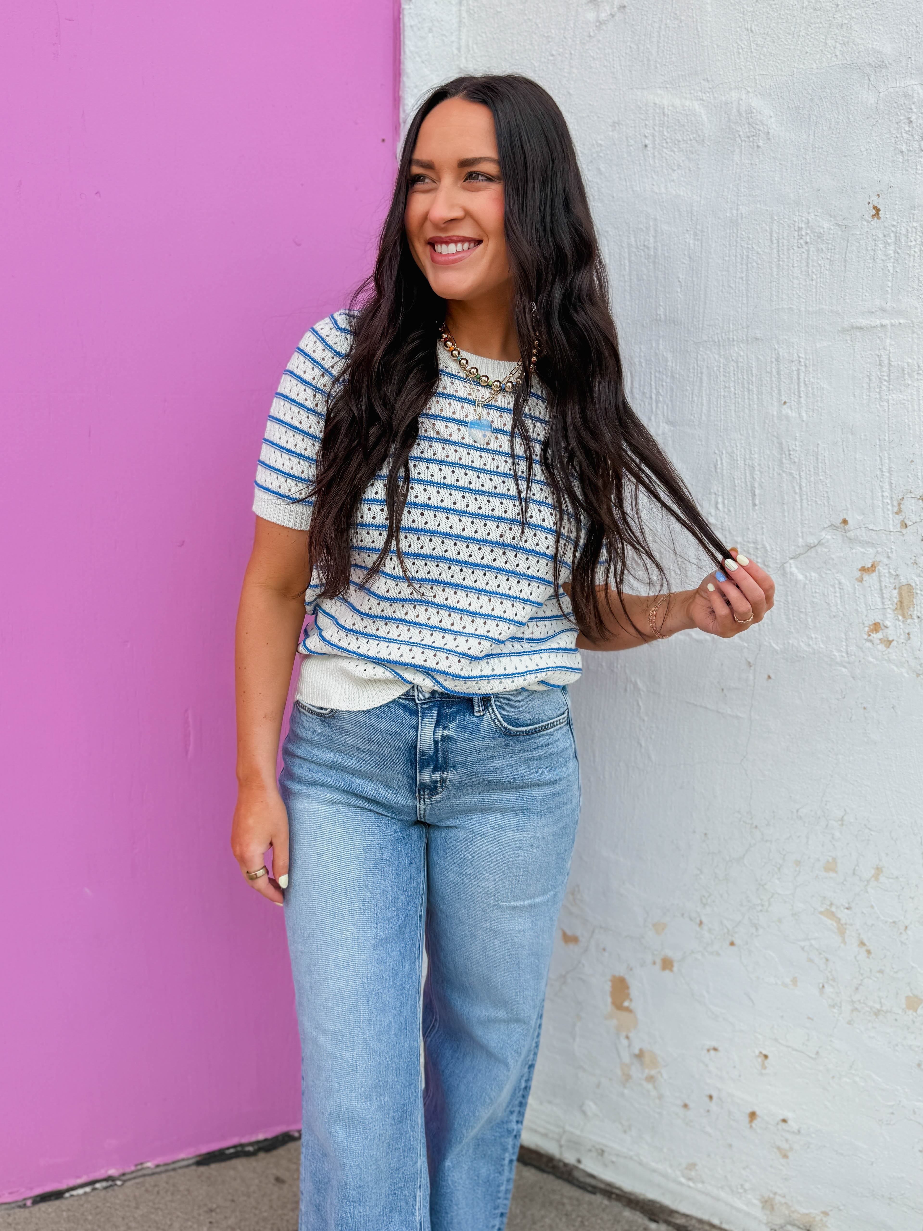 Nora Striped Knit Top-Blue - Image 3