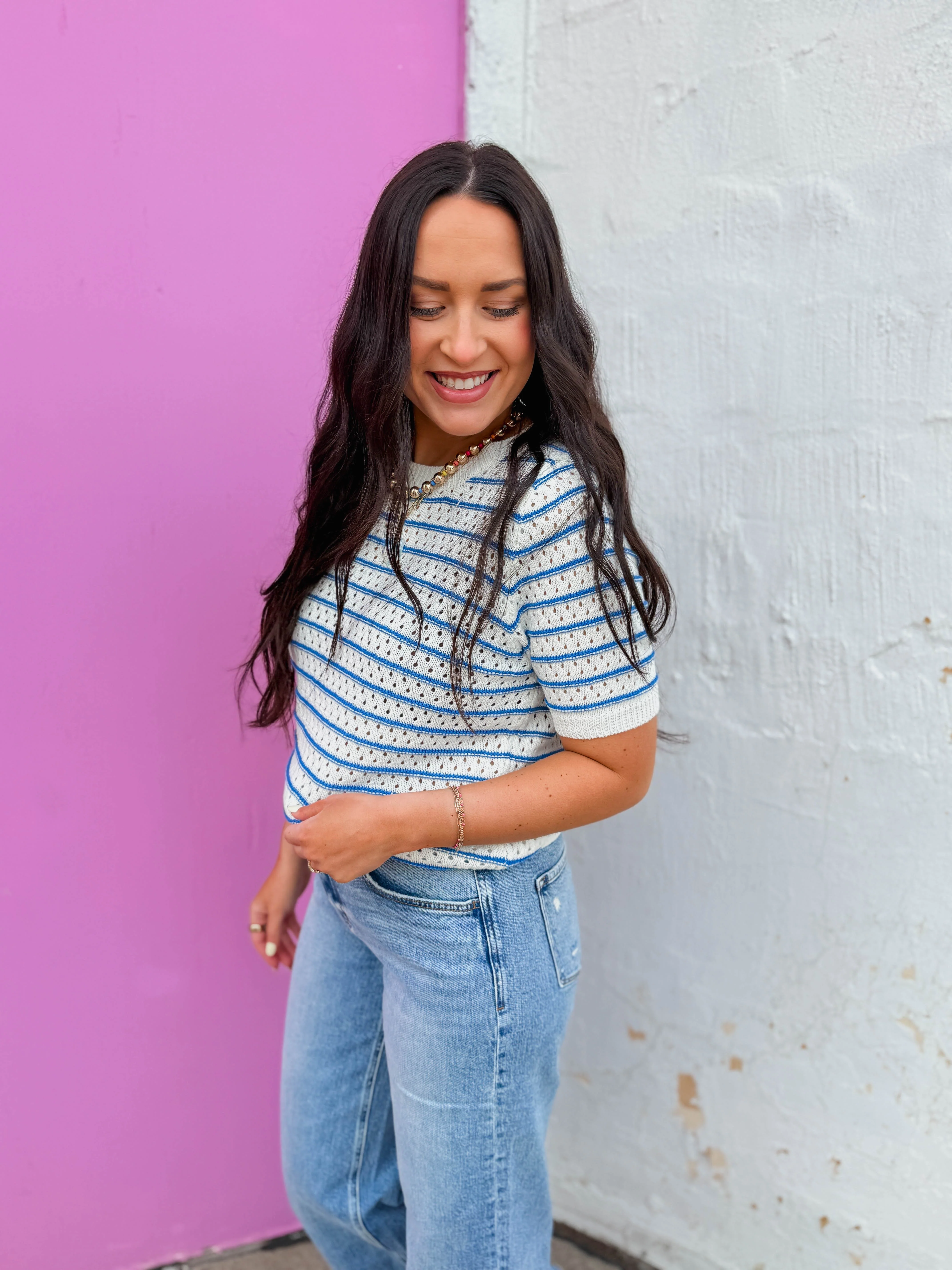 Nora Striped Knit Top-Blue - Image 4