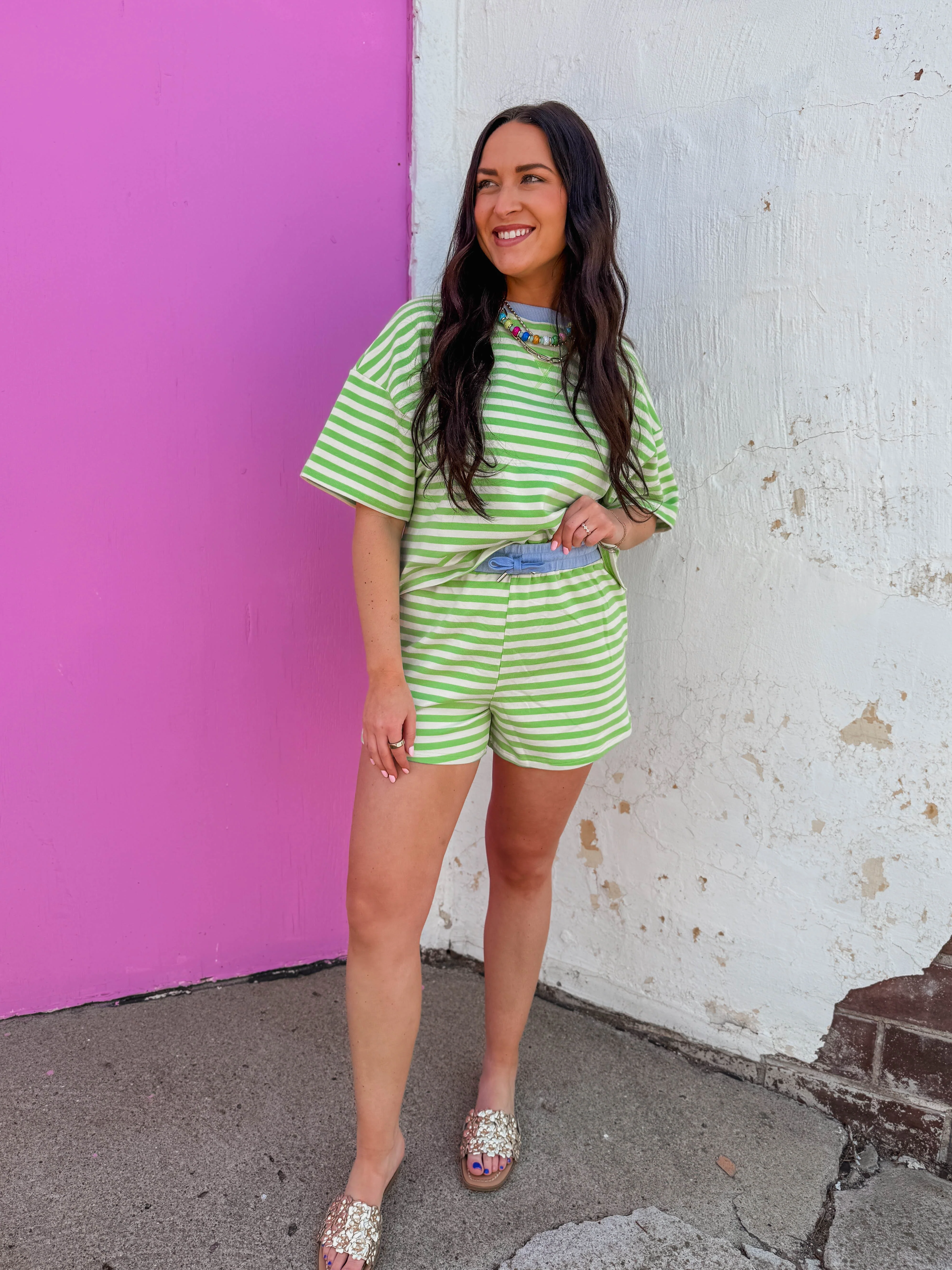 Off-Duty Striped Shorts-Honeydew/Periwinkle - Image 3