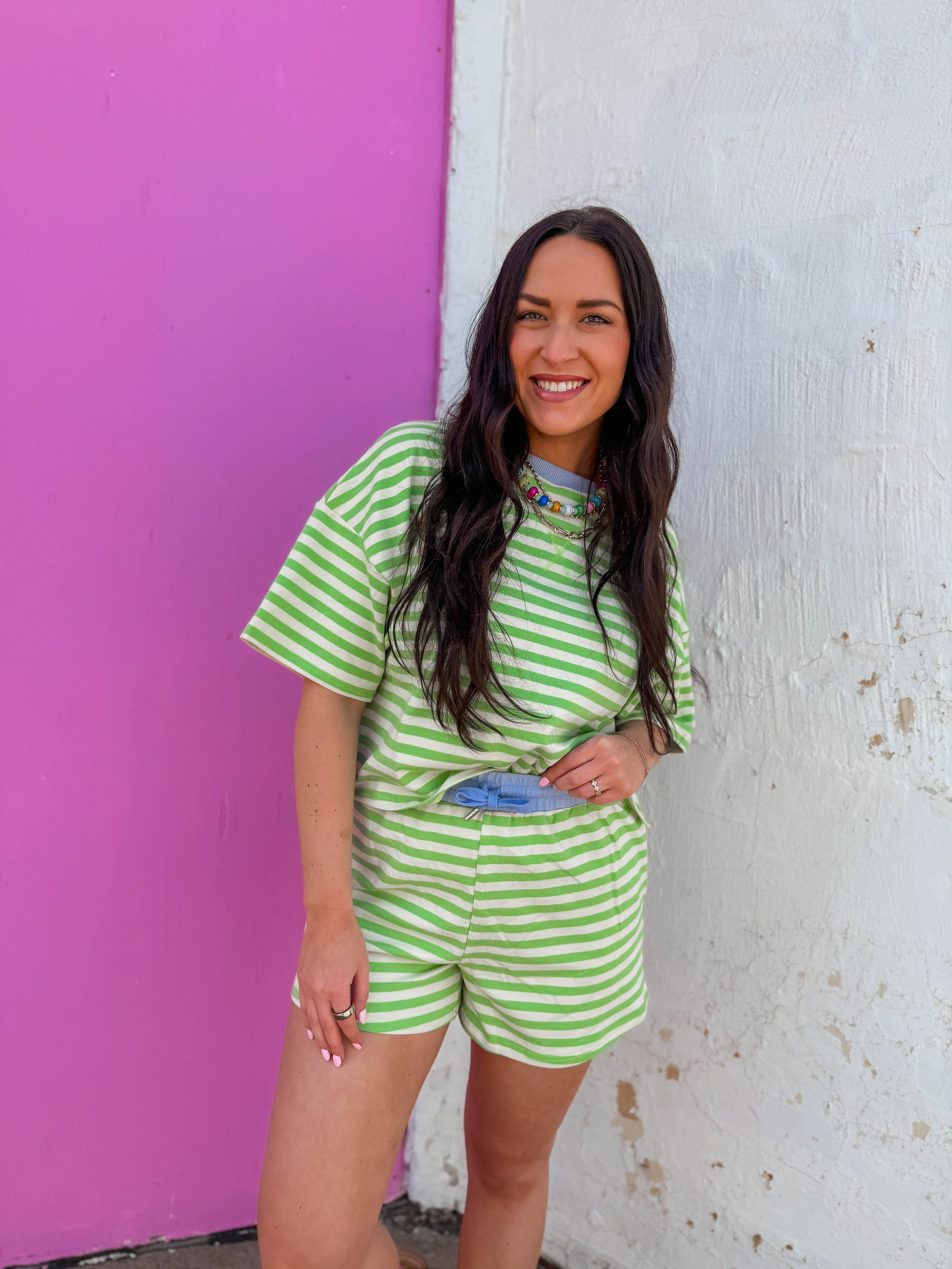 Off-Duty Striped Shorts-Honeydew/Periwinkle - Image 5