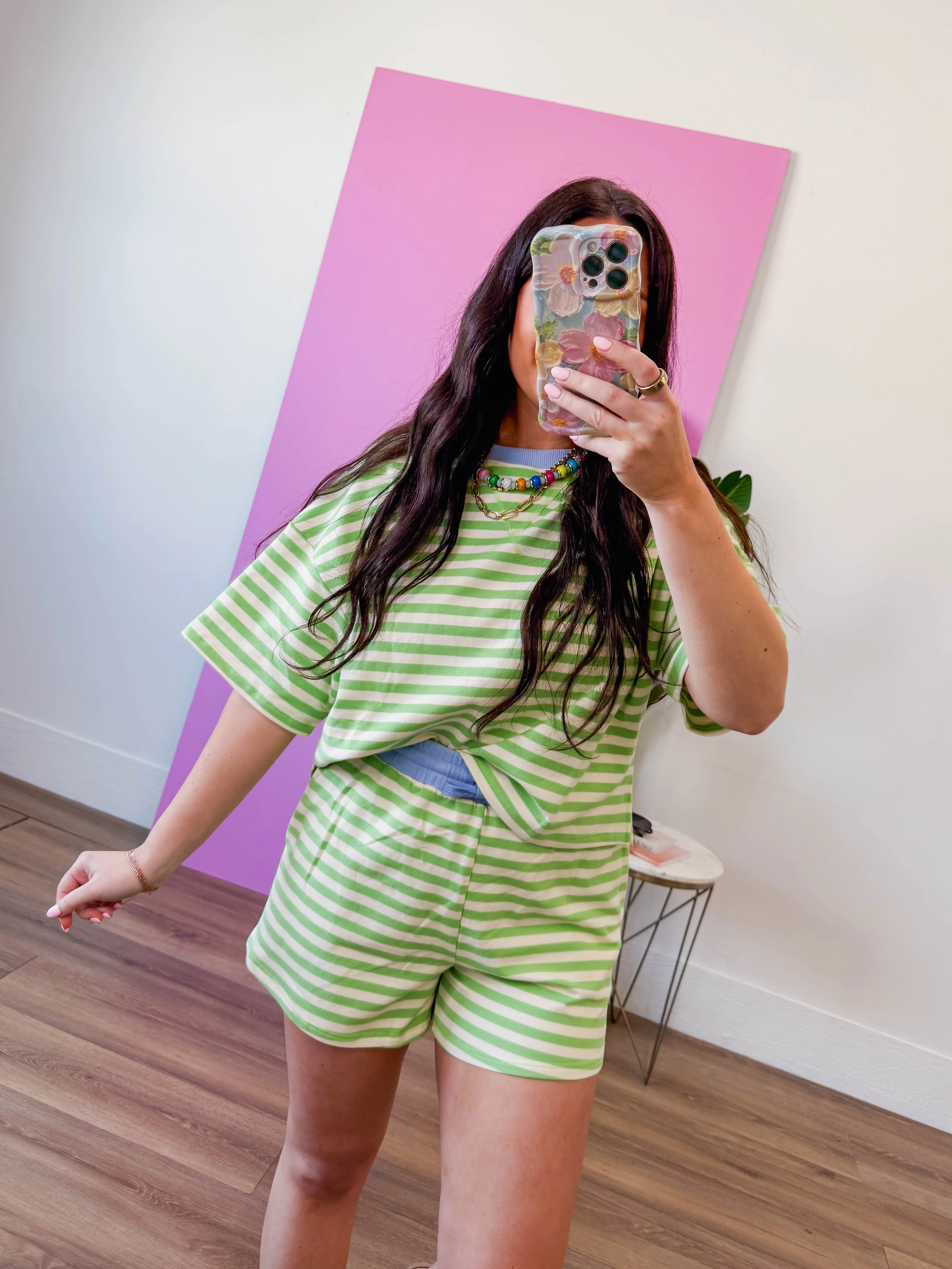 Off-Duty Striped Shorts-Honeydew/Periwinkle - Image 7