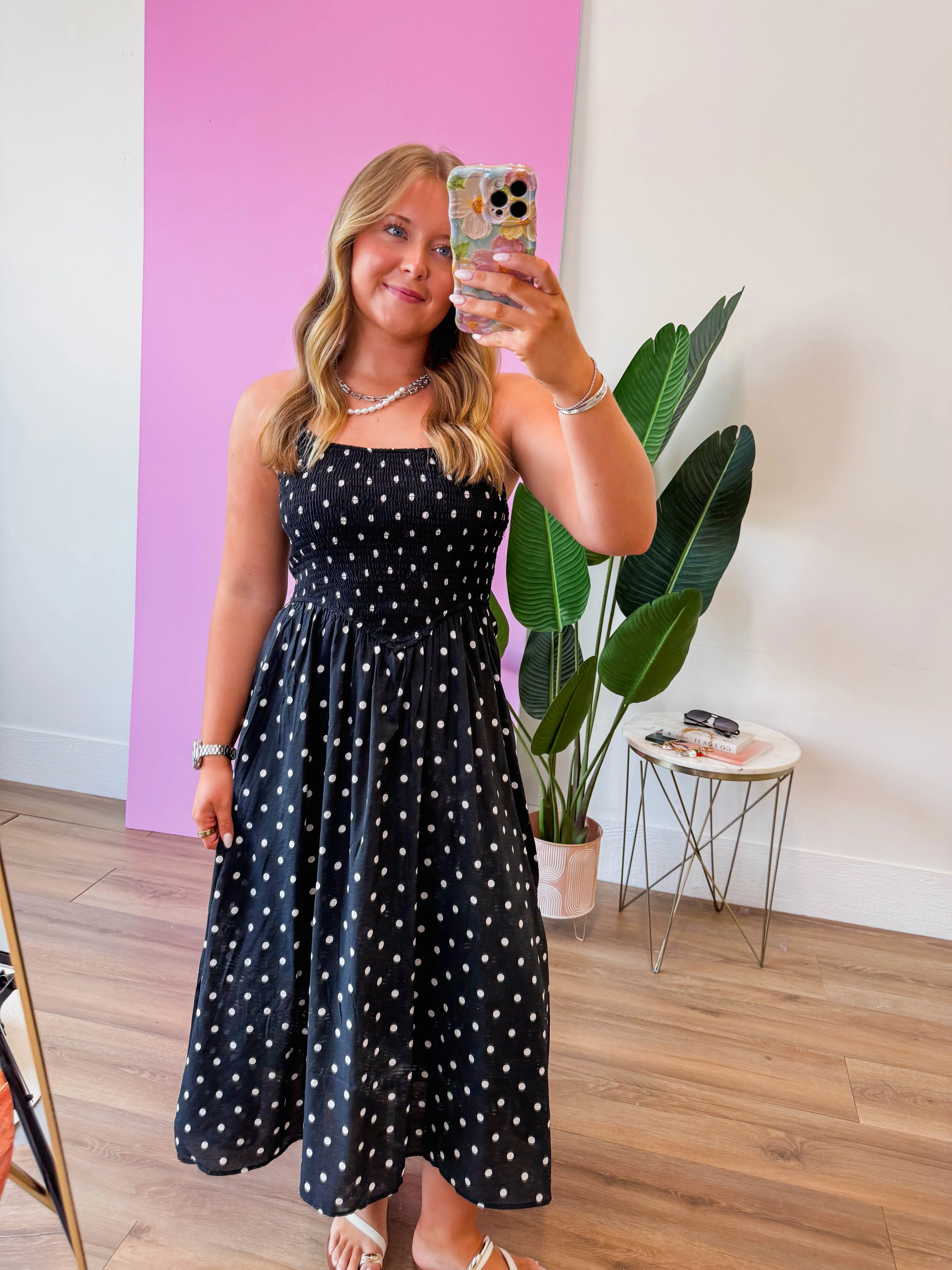 Olivia Polka Dot Midi Dress-Black