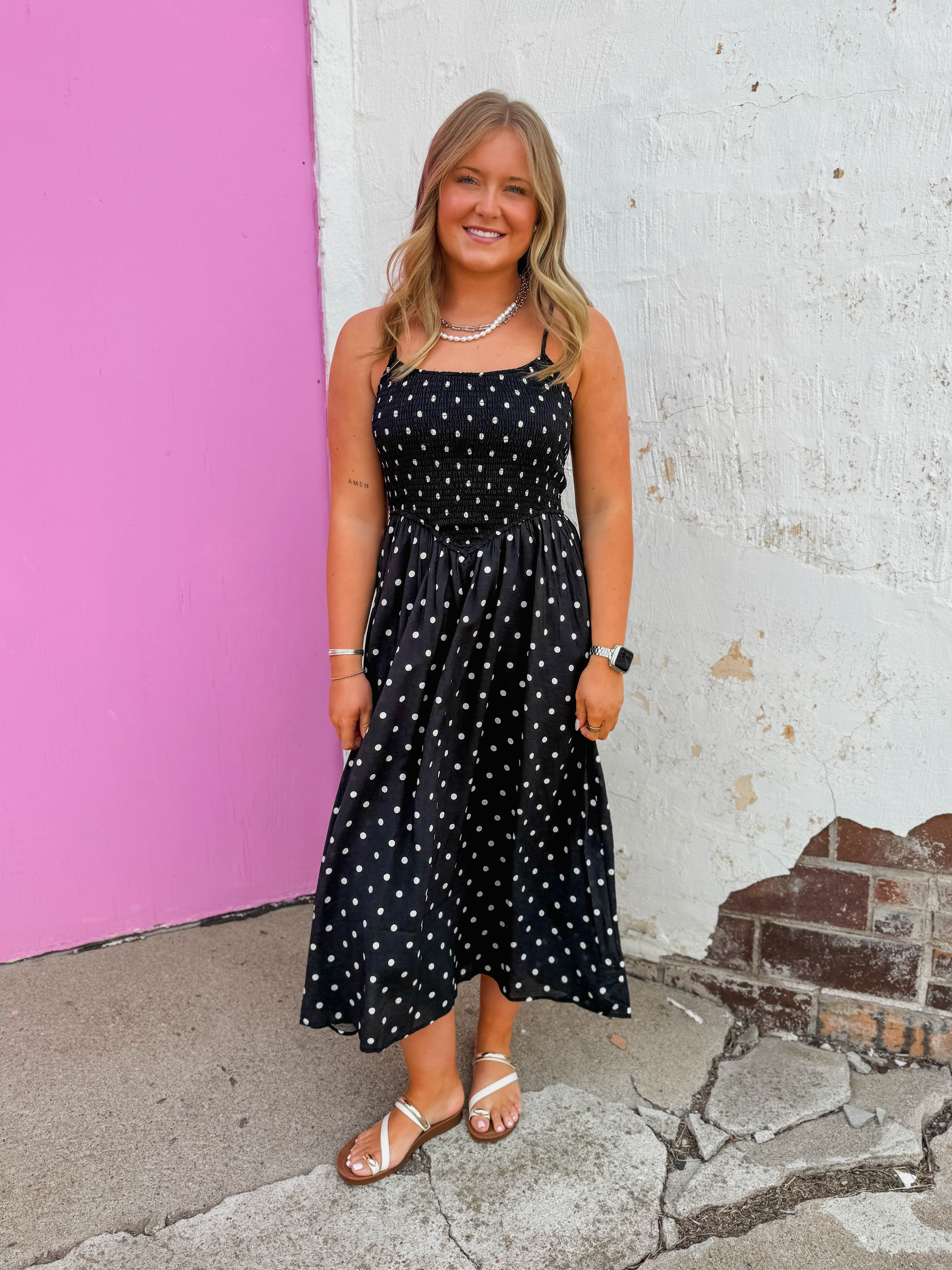 Olivia Polka Dot Midi Dress-Black - Image 2