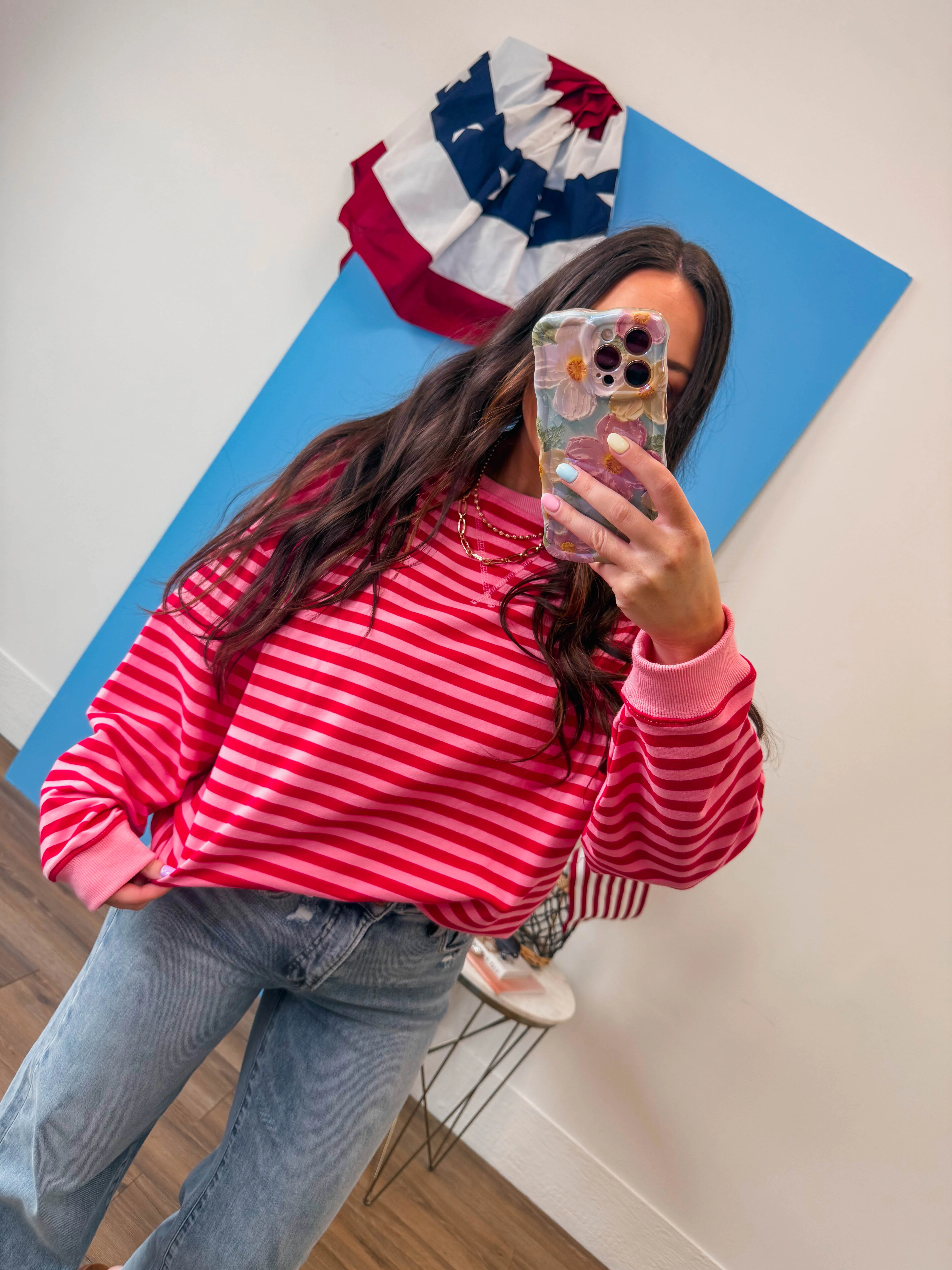 On The Line Pullover-Pink/Red