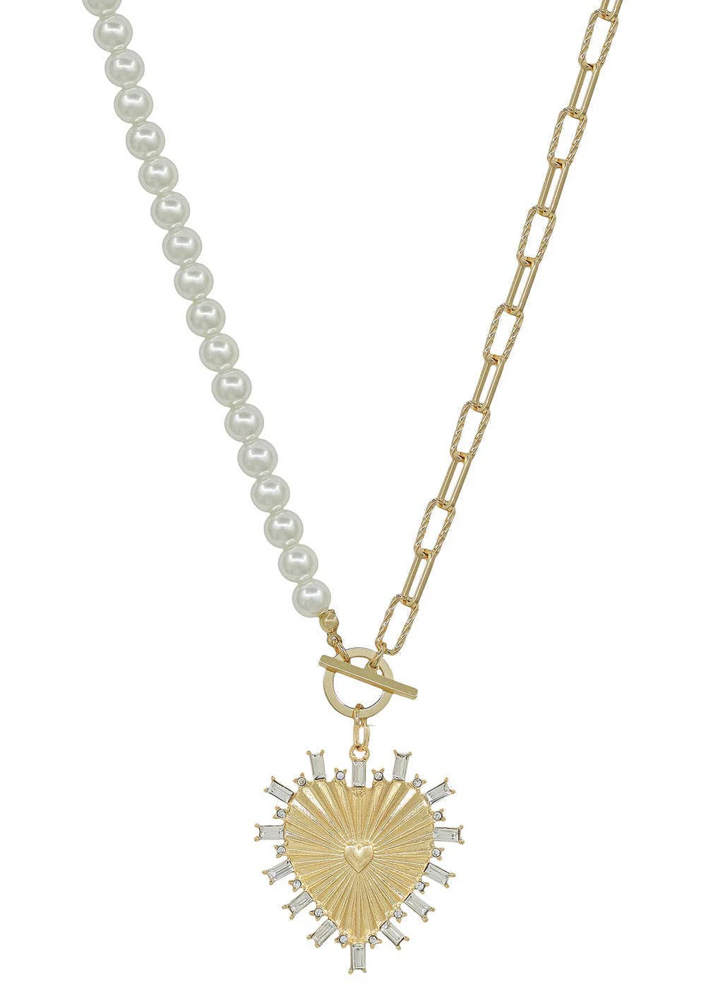 Pearl & Gold Rhinestone Studded Heart Charm Necklace - Image 5