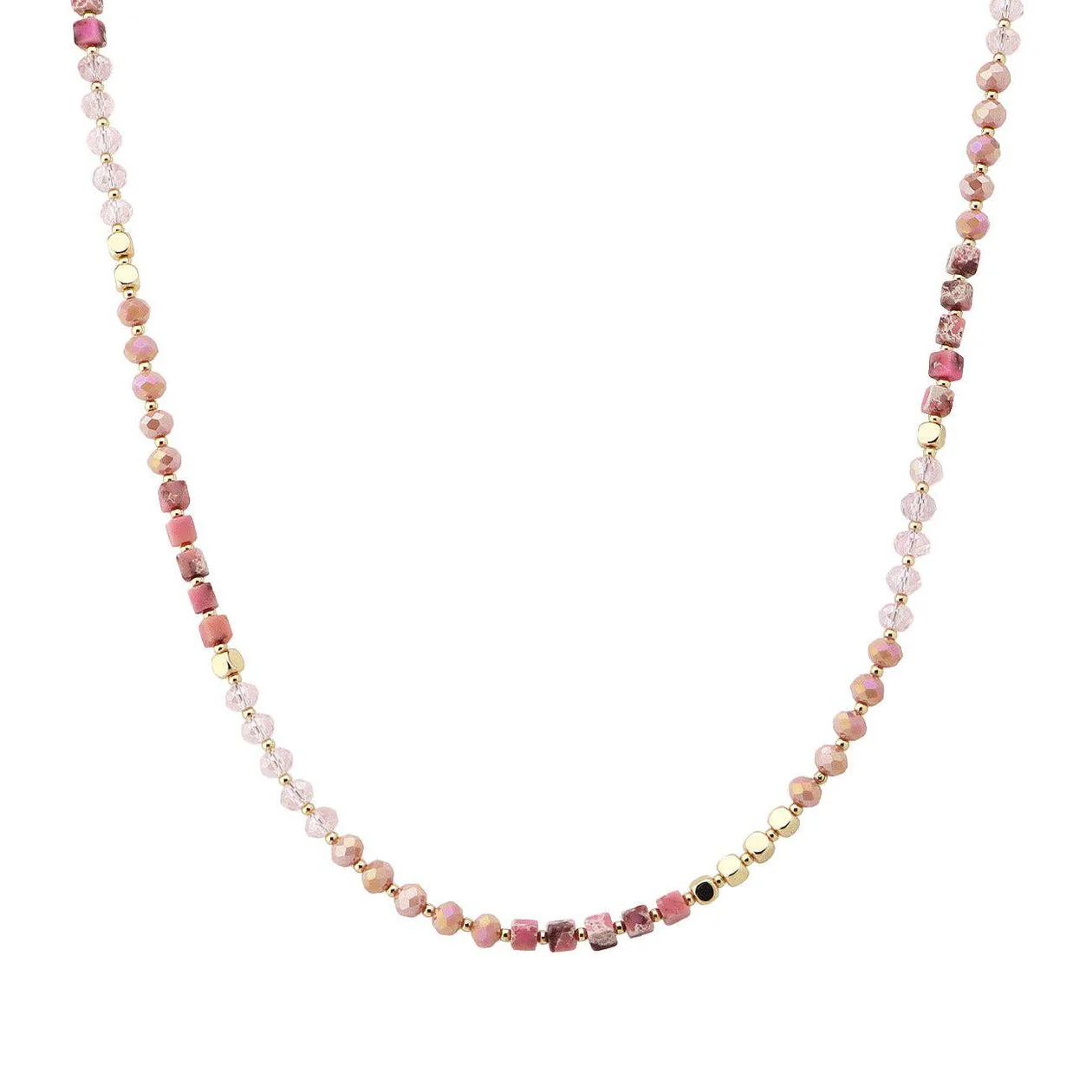 Pink Natural Stone, Crystal & Gold Beaded Necklace - Image 3