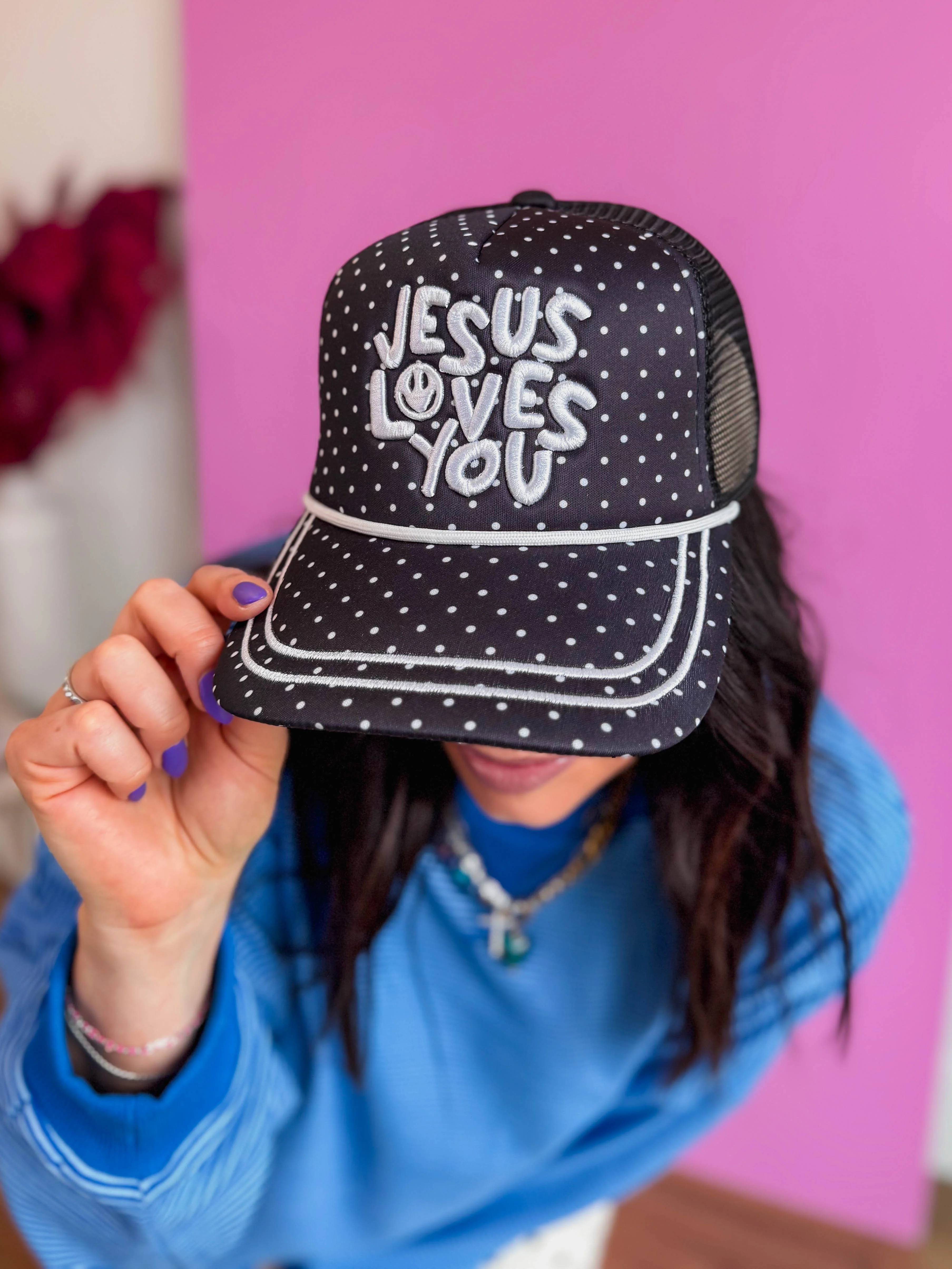 Polka Dot Jesus Loves You Smiley Hat - Image 3
