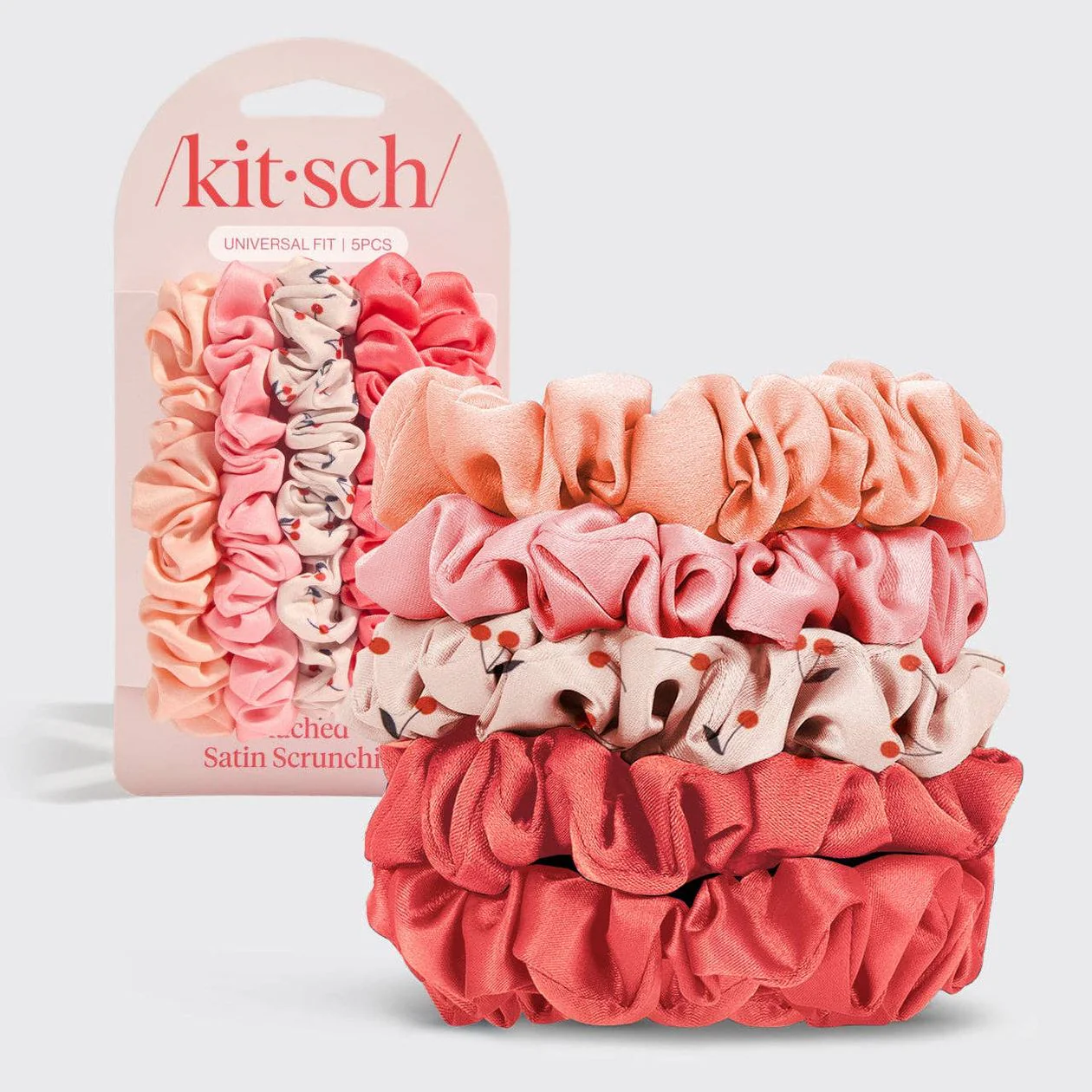 Ruched Satin Scrunchies 5pc Set-Assorted Cherry Blossom - Image 2