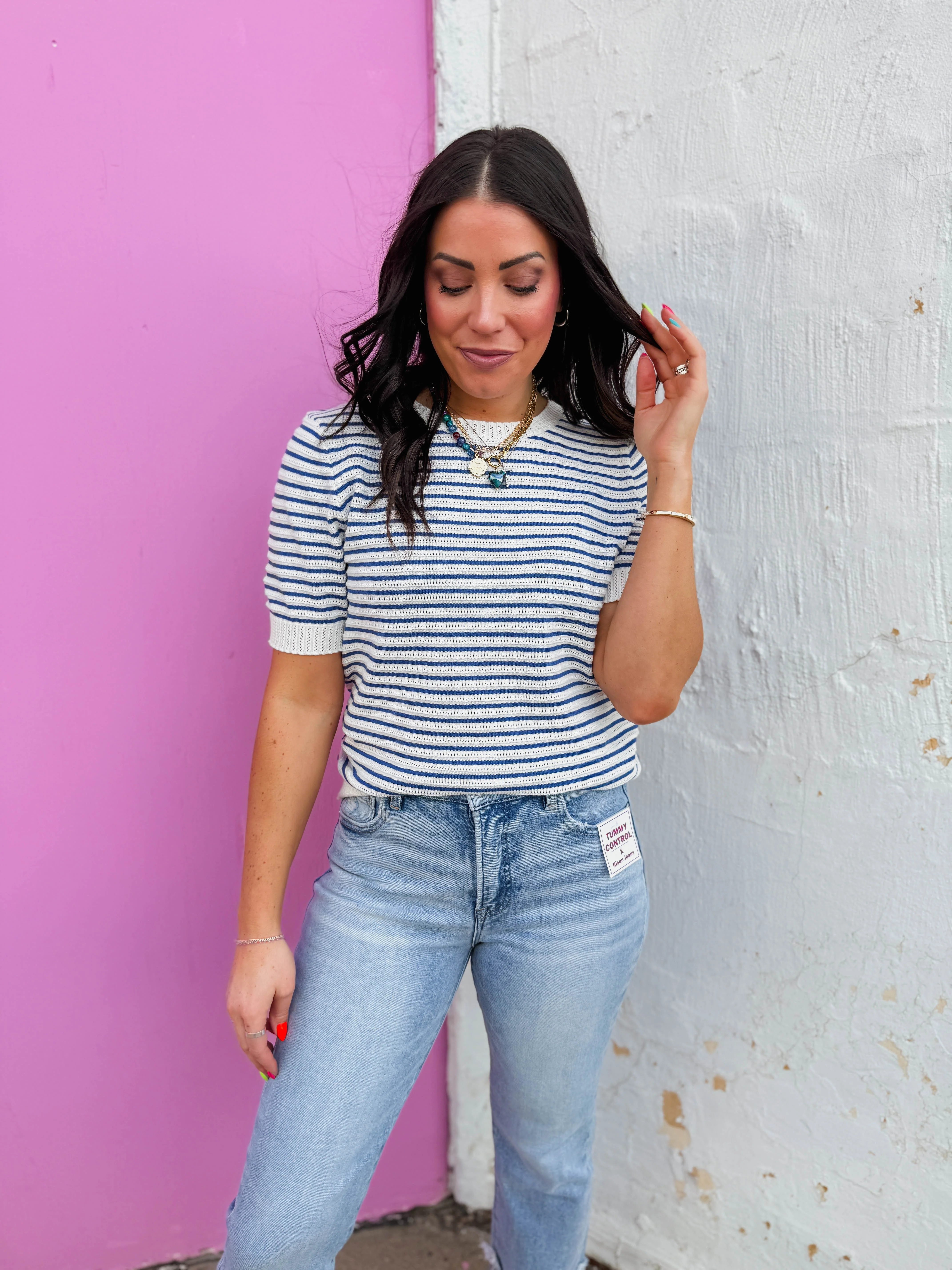 Sara Striped Knit Top-Navy - Image 4