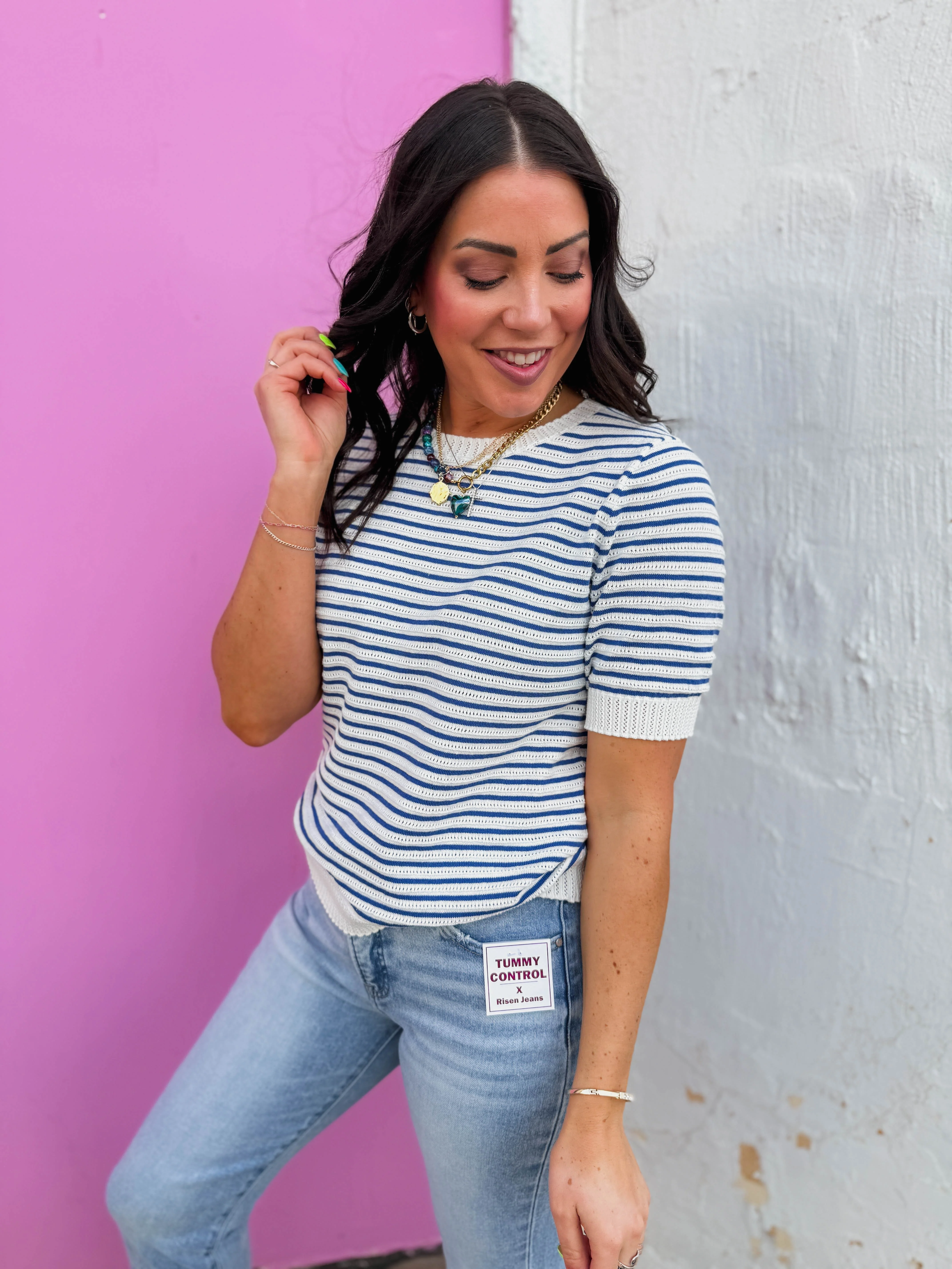 Sara Striped Knit Top-Navy - Image 6
