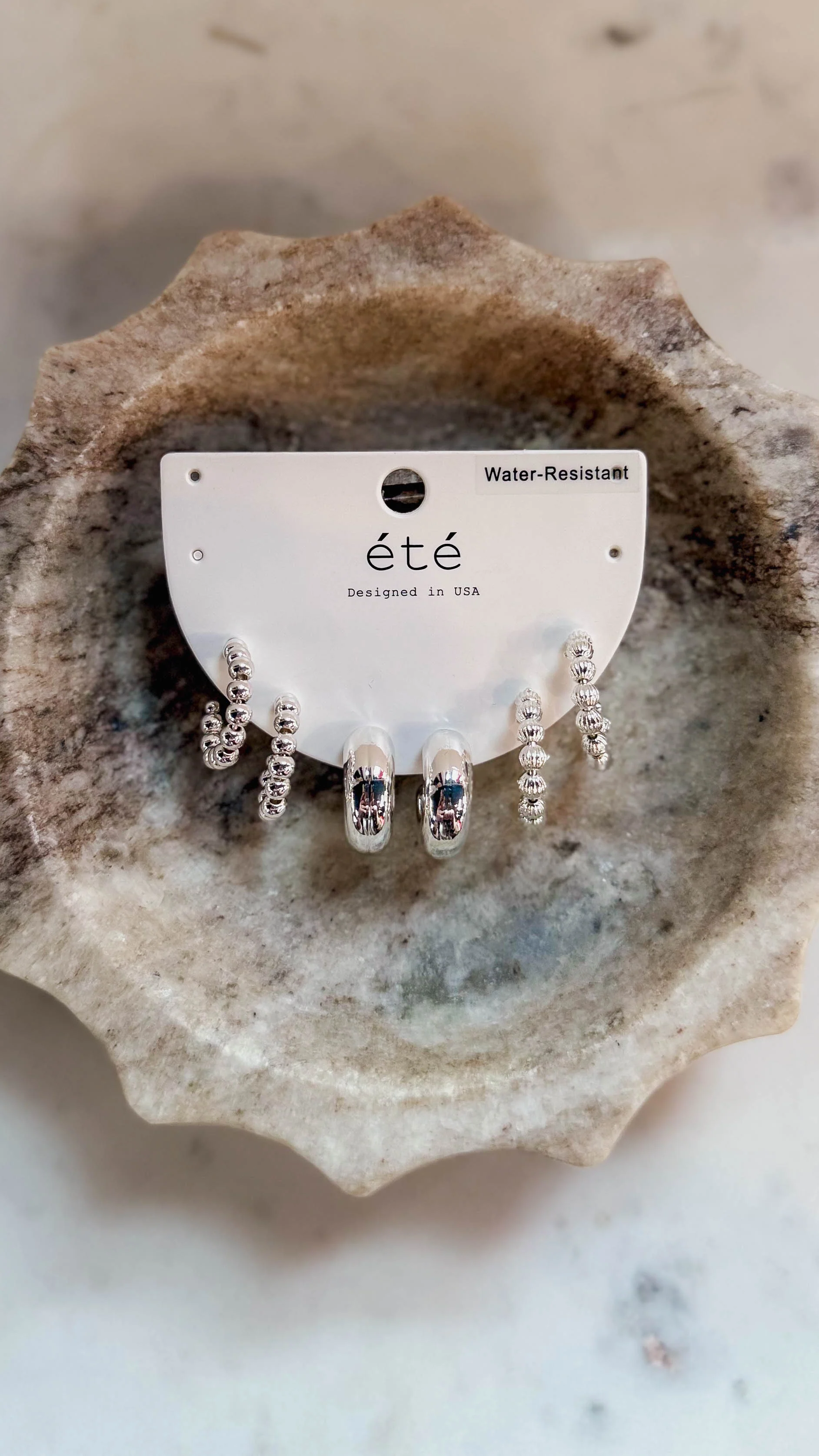 Set Of 3 Silver Beaded Huggie Hoops