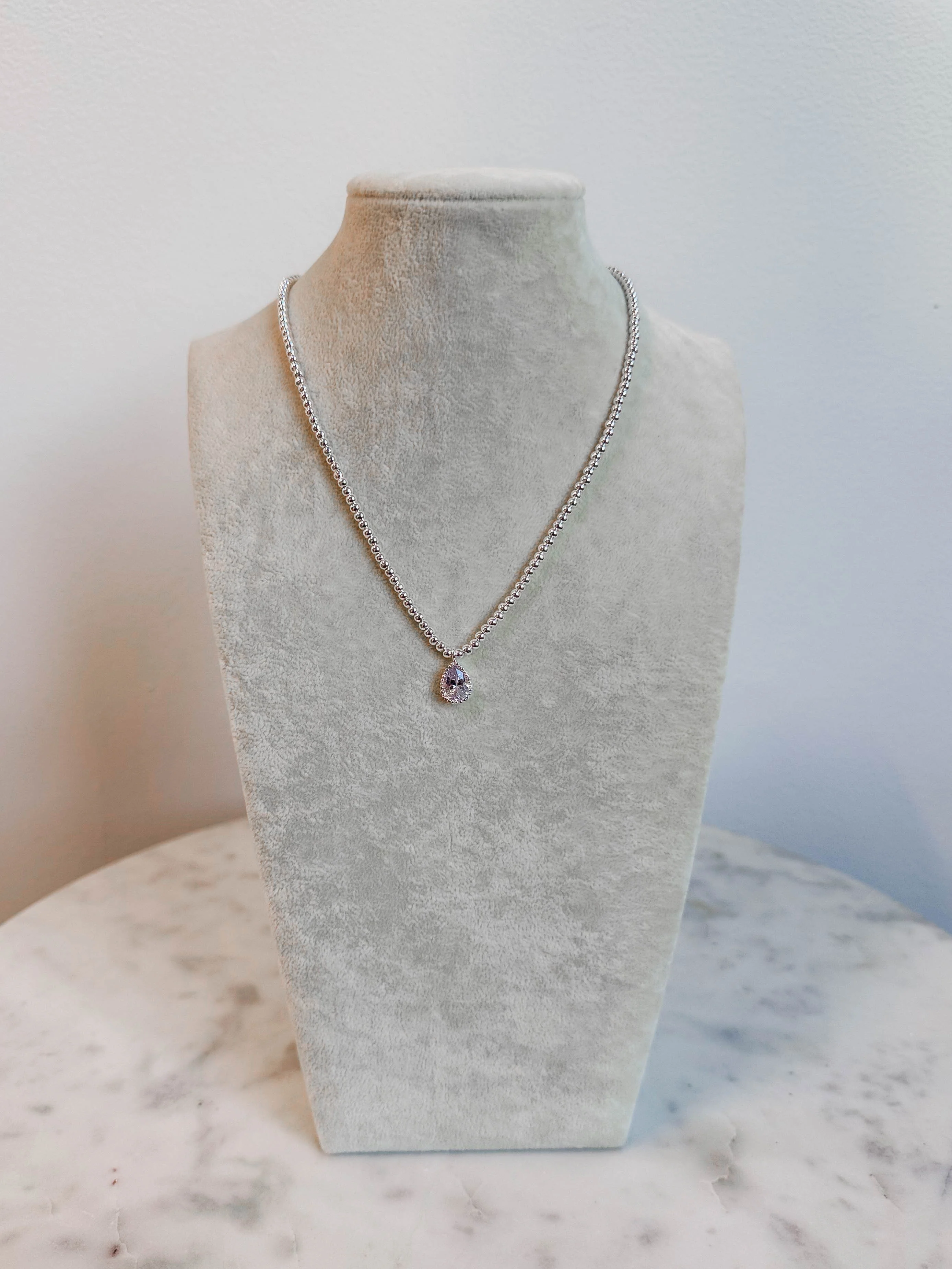 Silver Beaded Teardrop Rhinestone Necklace