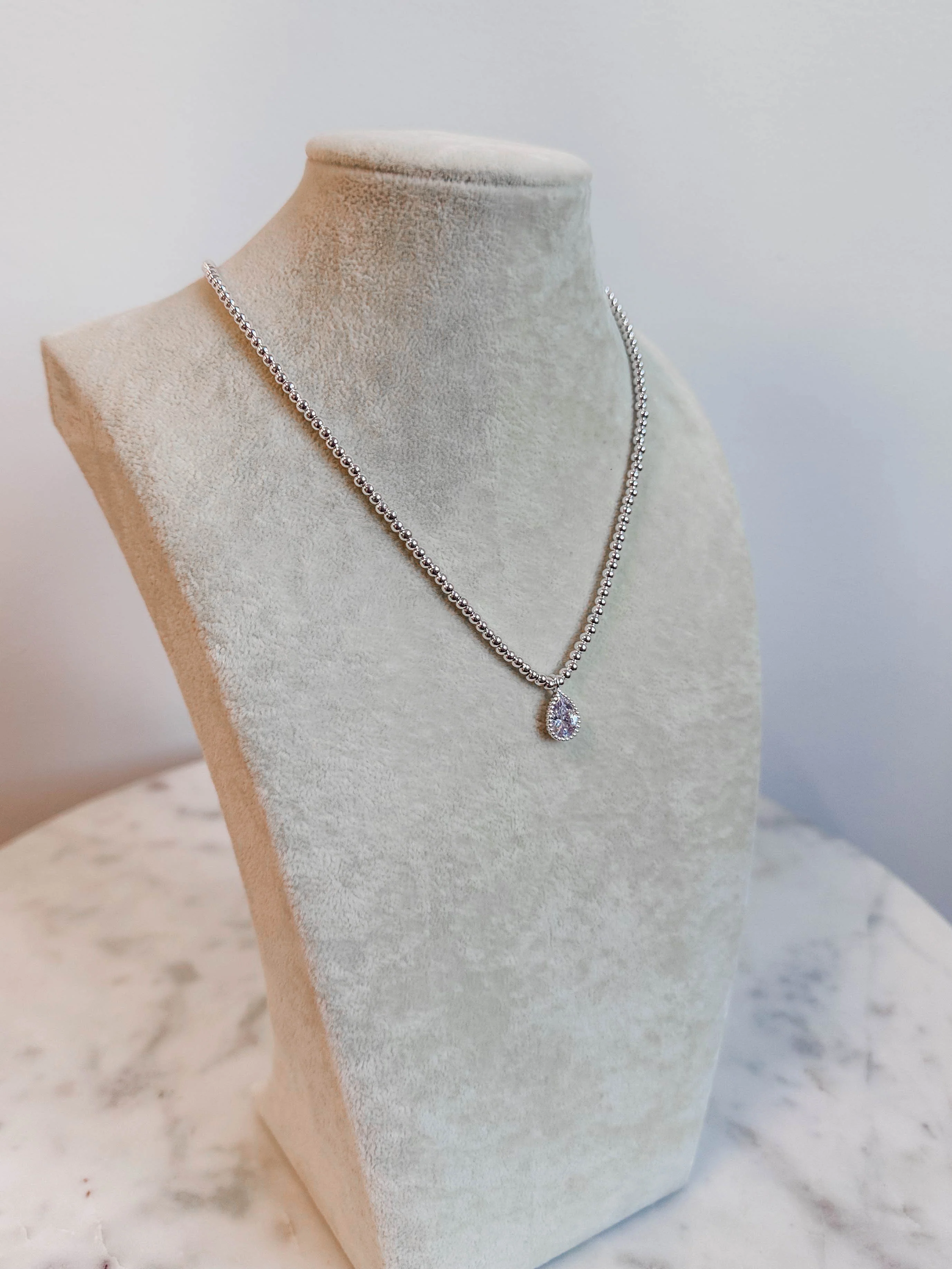 Silver Beaded Teardrop Rhinestone Necklace - Image 2
