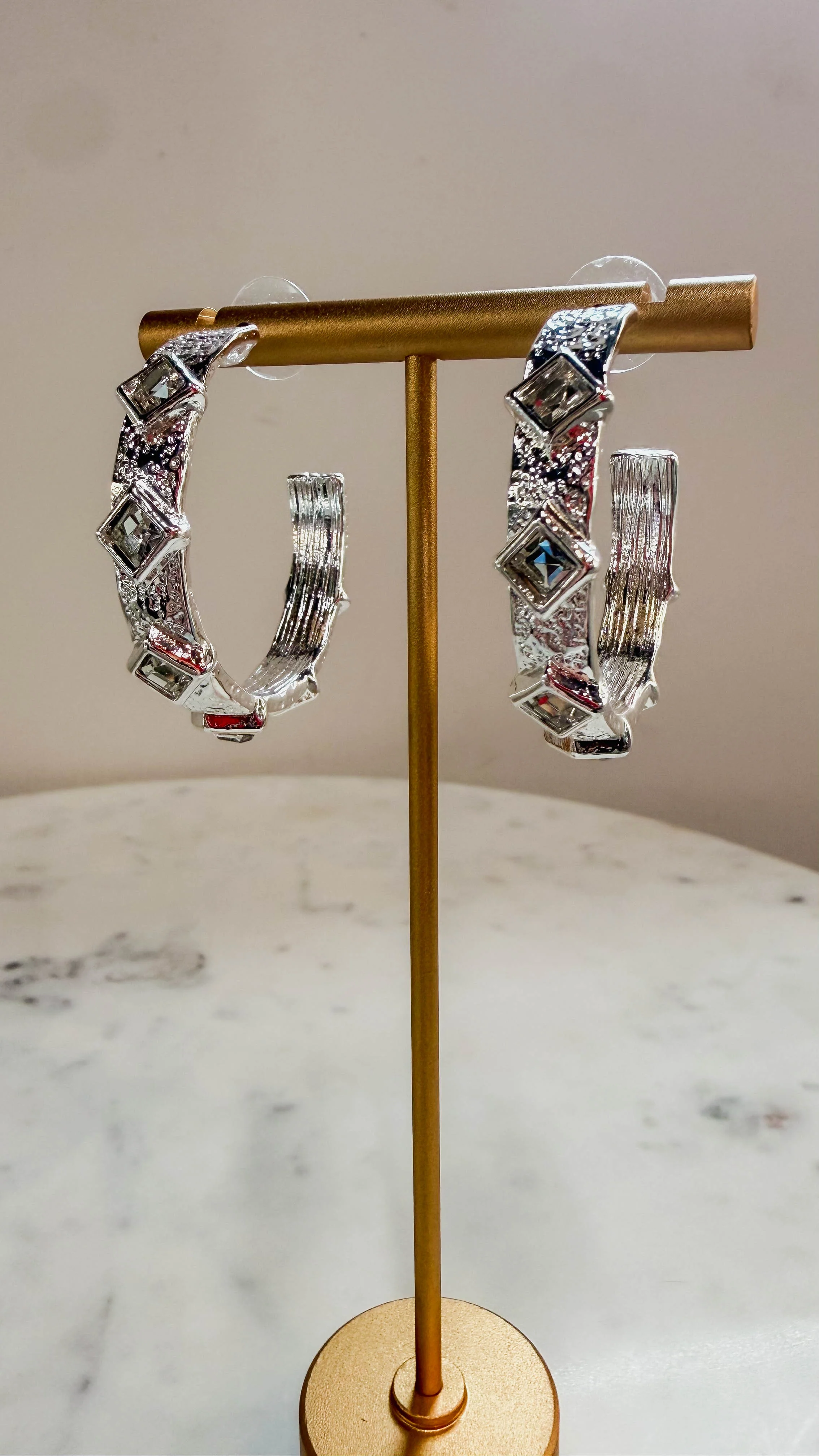 Silver Textured Hoop With Clear Diamond Crystals 2" Earring - Image 2
