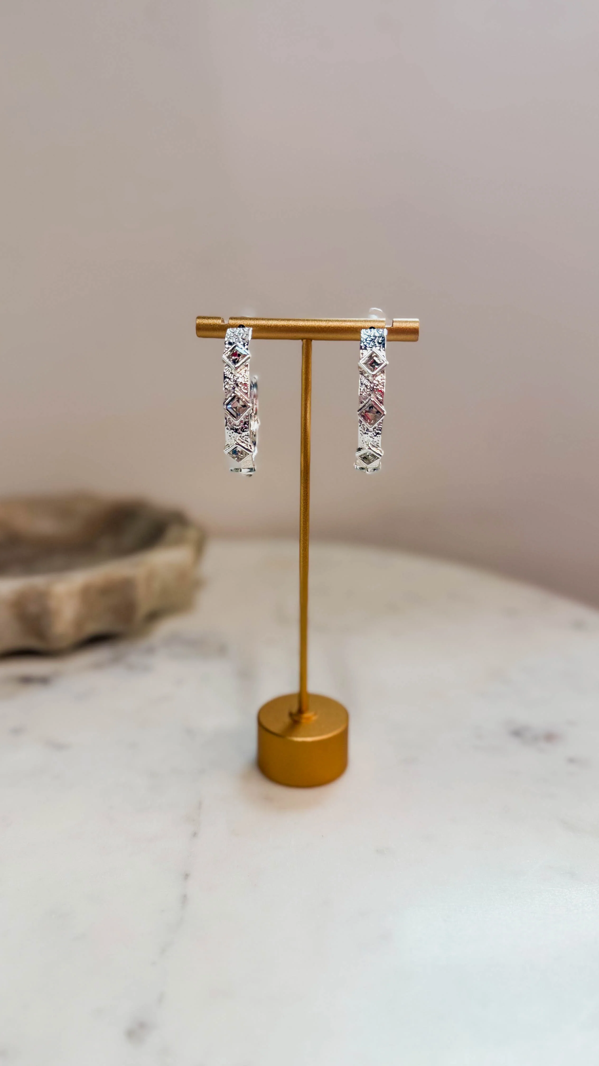 Silver Textured Hoop With Clear Diamond Crystals 2" Earring - Image 5