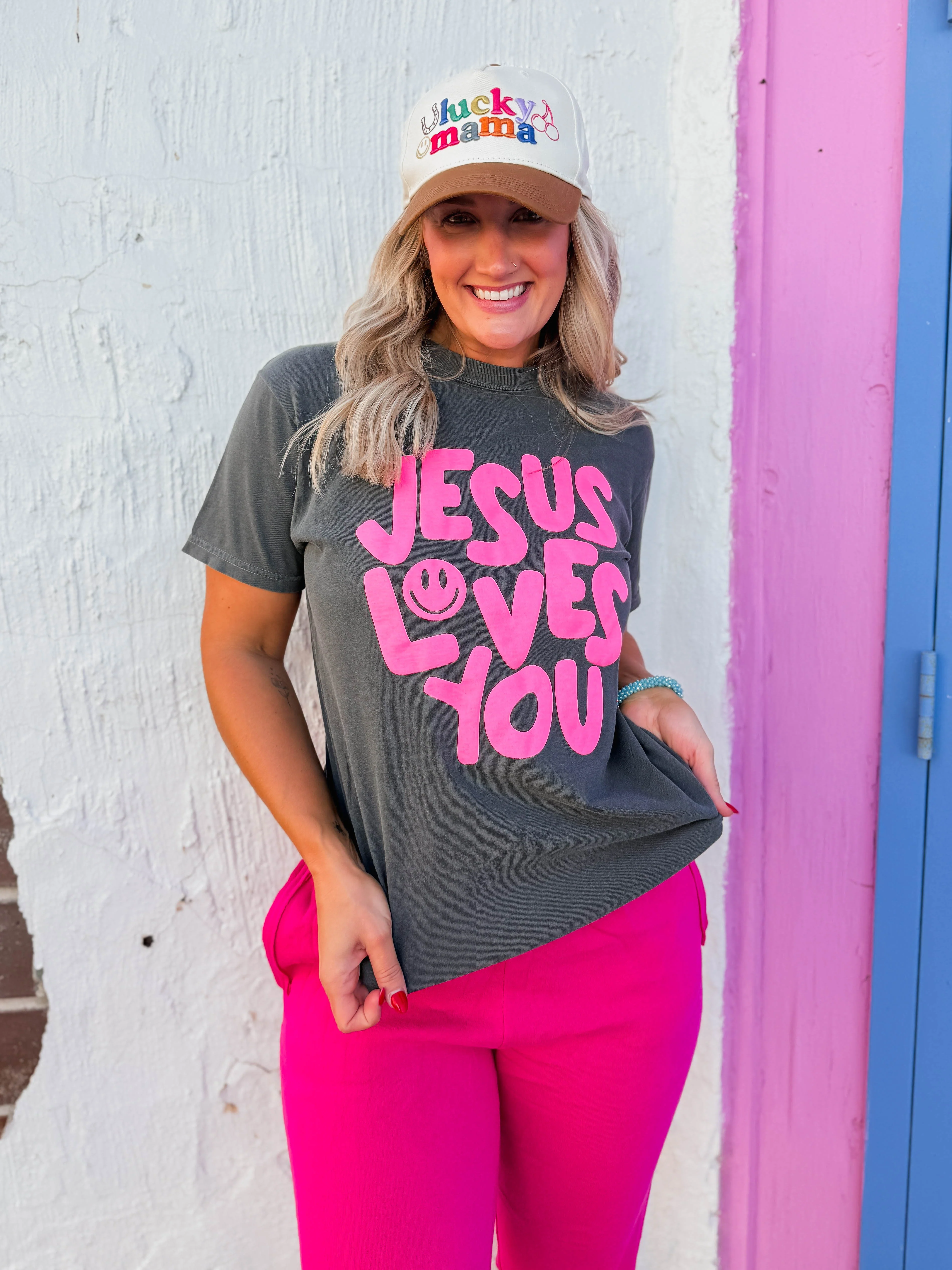Smiley Jesus Loves You Puff Tee - Image 3