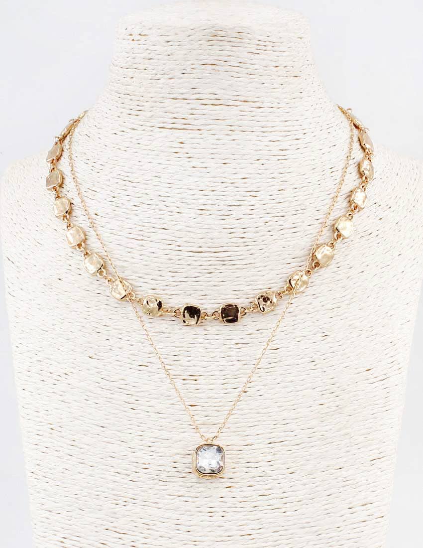 2 Layer Hammered Square With Clear Crystal Drop Necklace