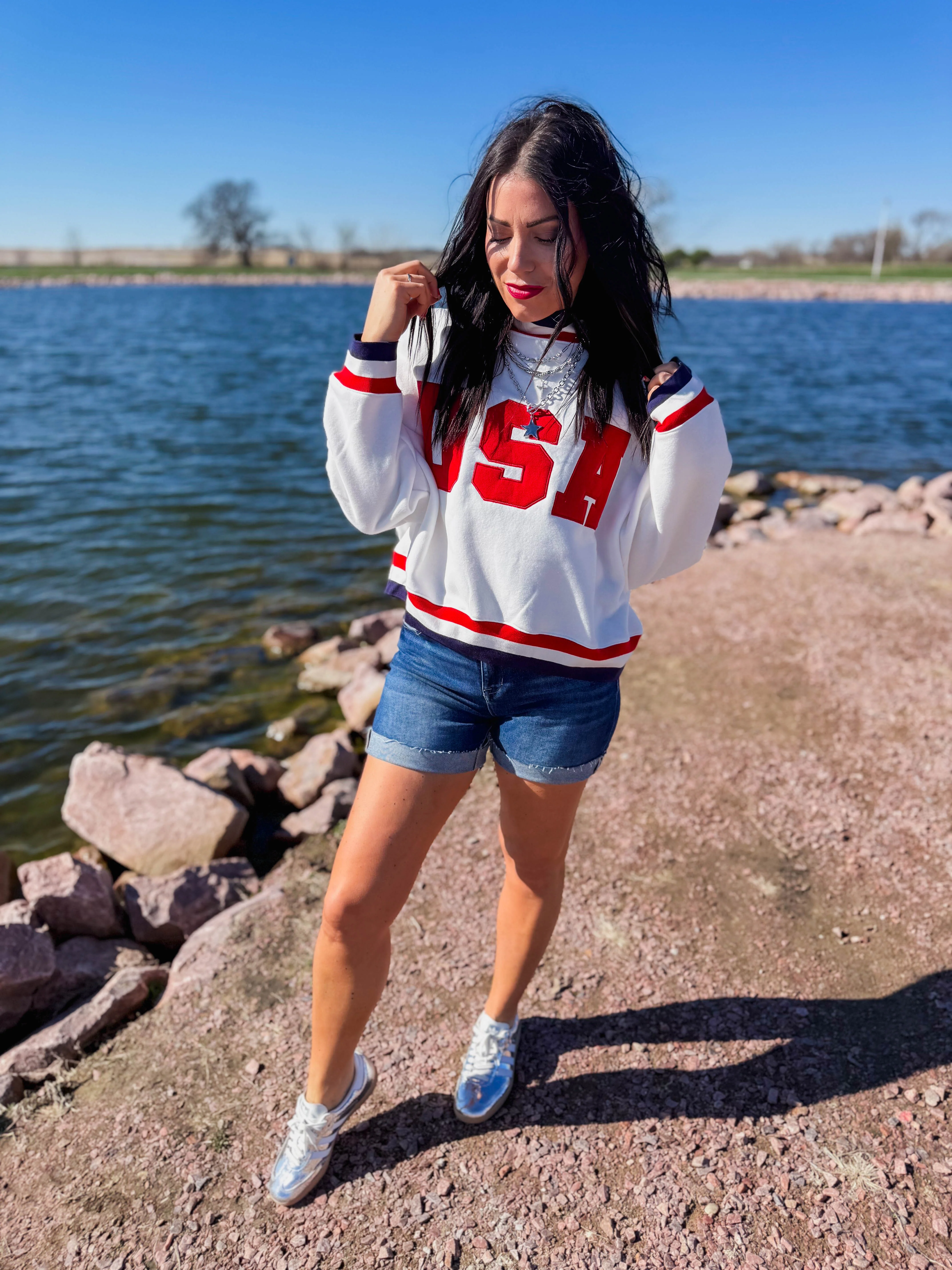 USA Varsity Mock Neck Sweatshirt-White - Image 10