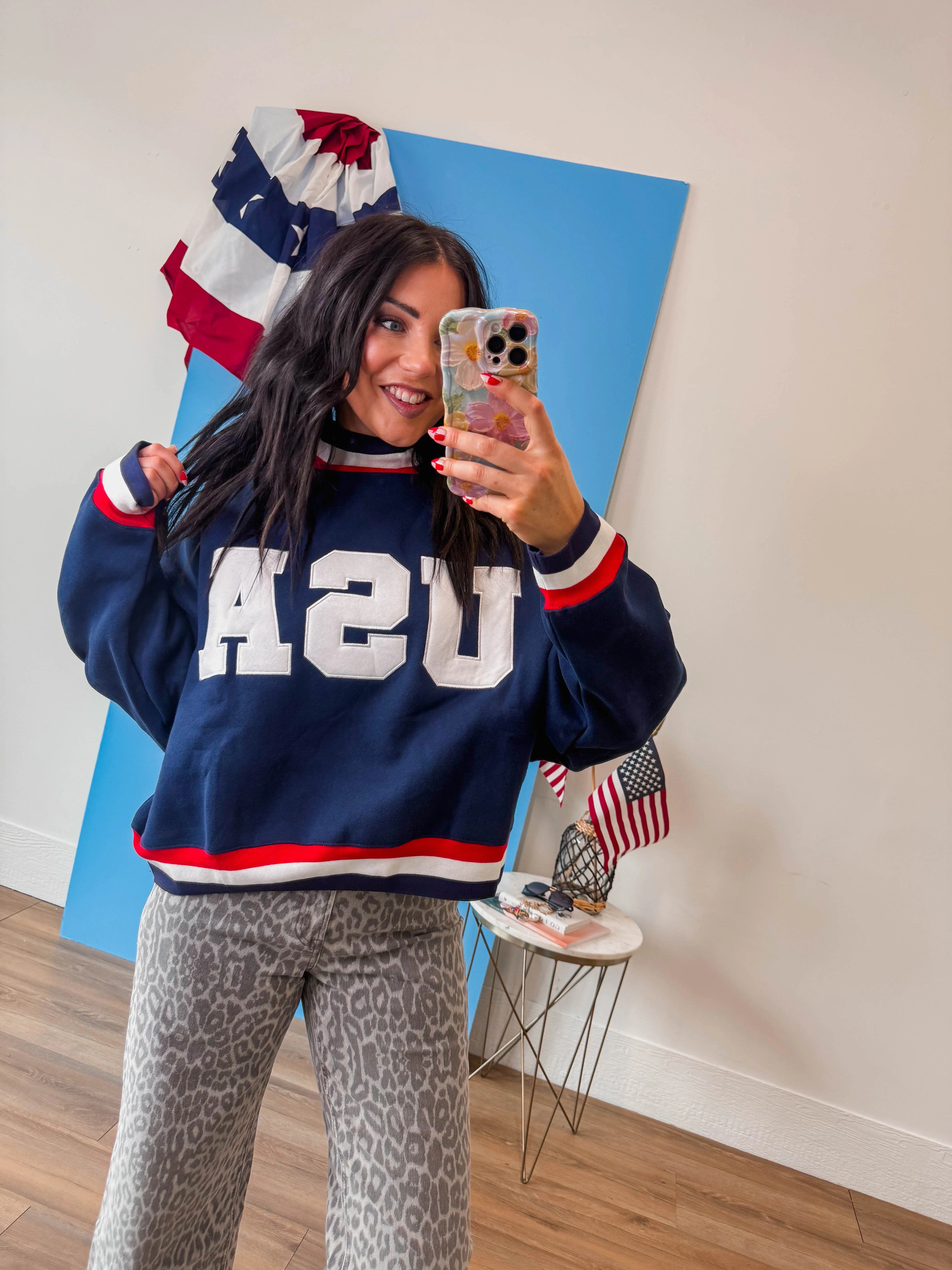 USA Varsity Mock Neck Sweatshirt-Navy - Image 2
