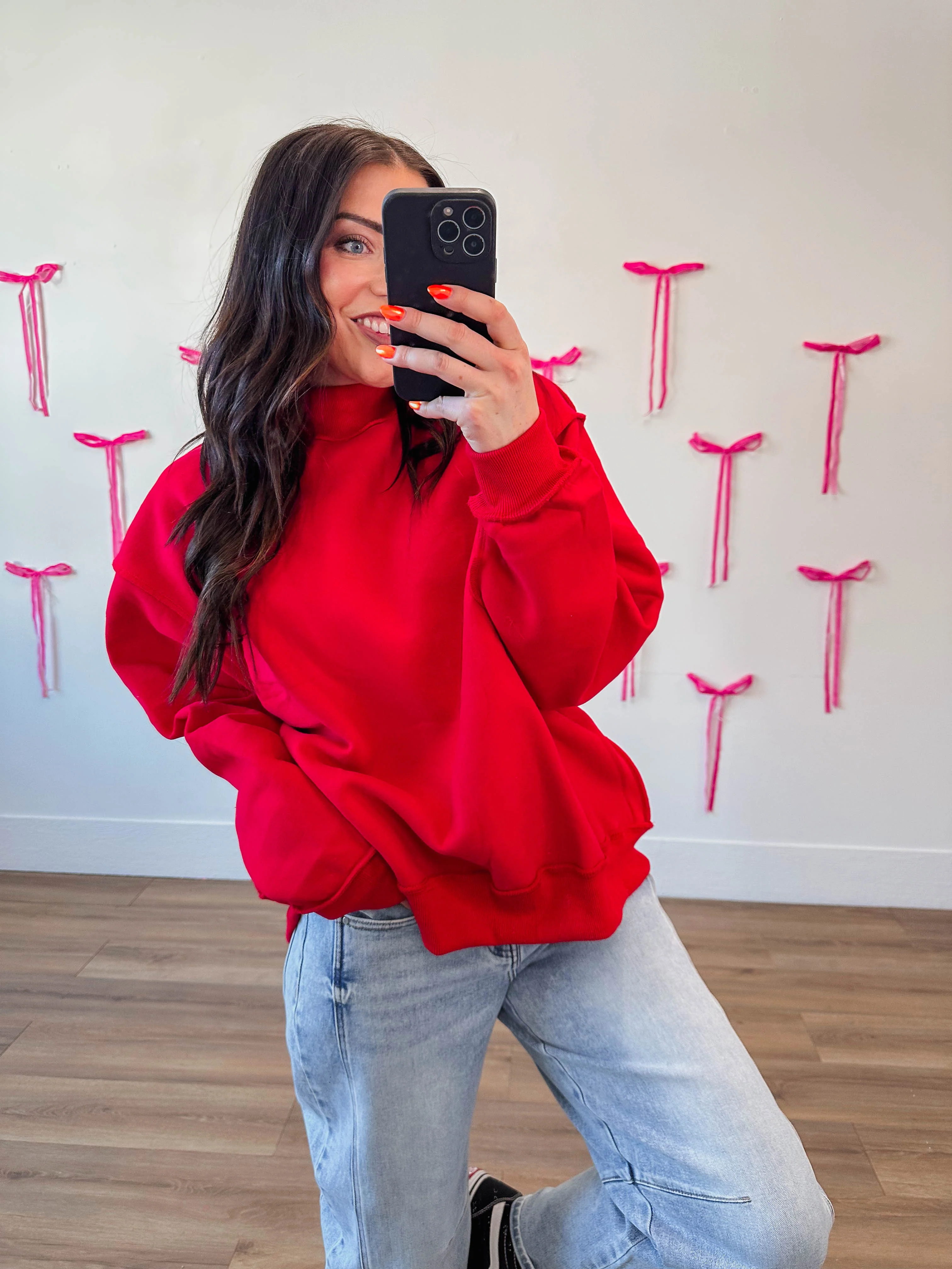 Winnie Mock Neck Sweatshirt-Red - Image 3