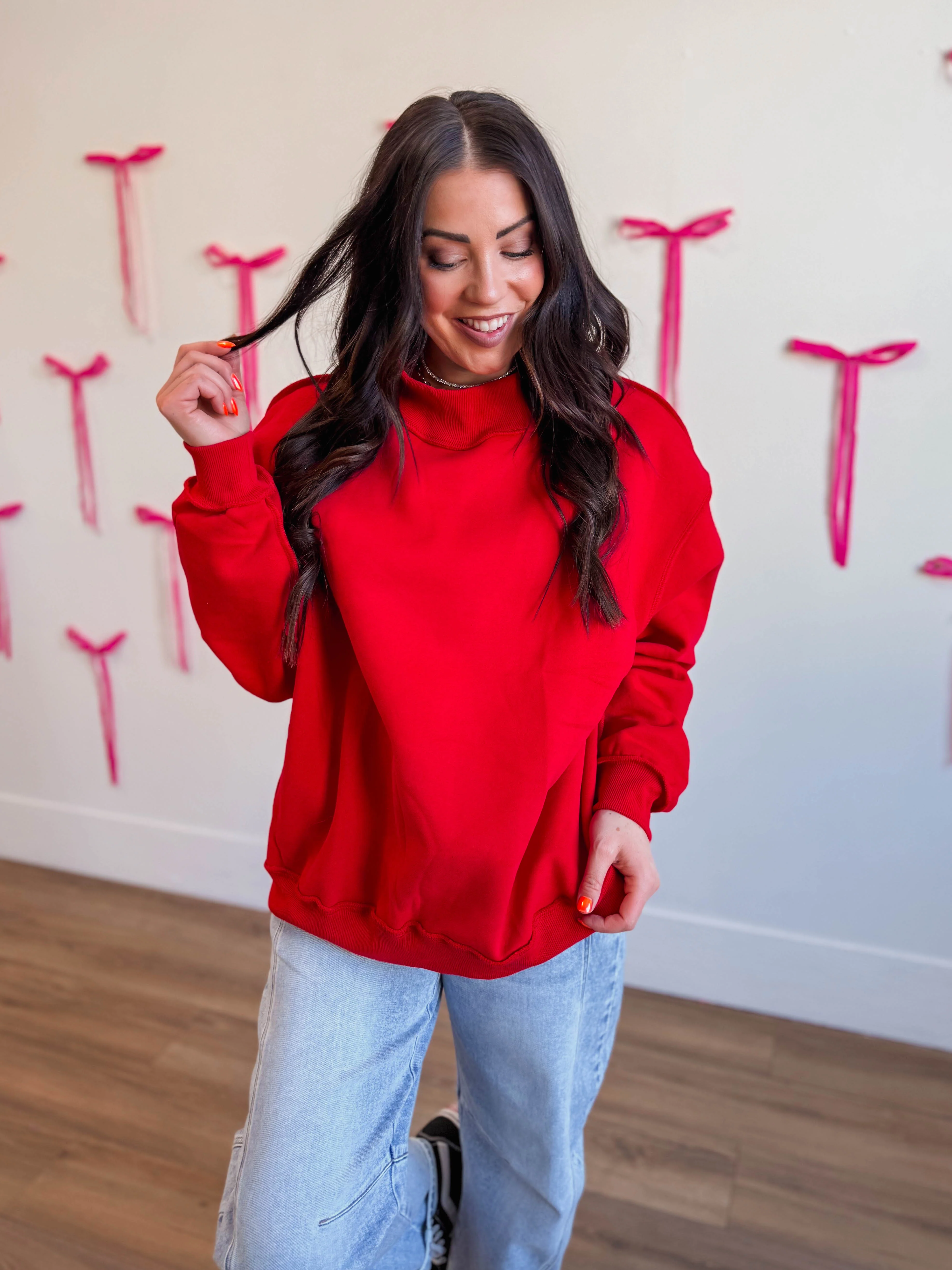 Winnie Mock Neck Sweatshirt-Red - Image 4