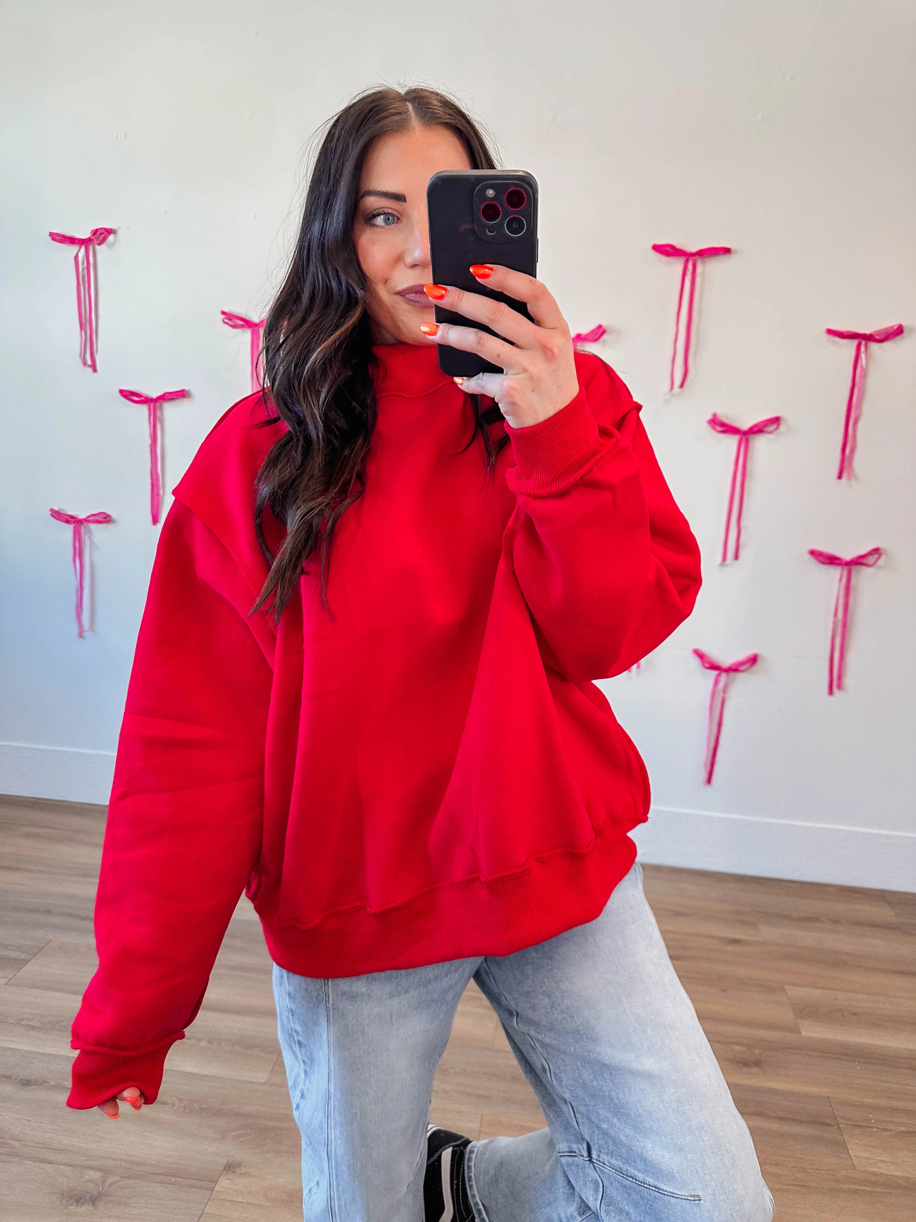 Winnie Mock Neck Sweatshirt-Red - Image 6