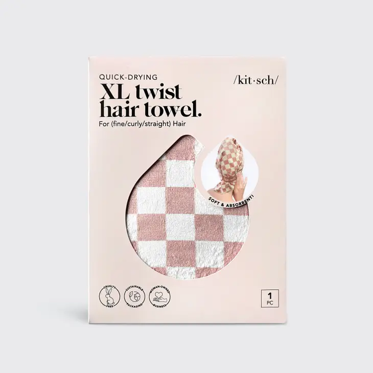 XL Quick Dry Hair Towel Wrap-Terracotta Checker - Image 3